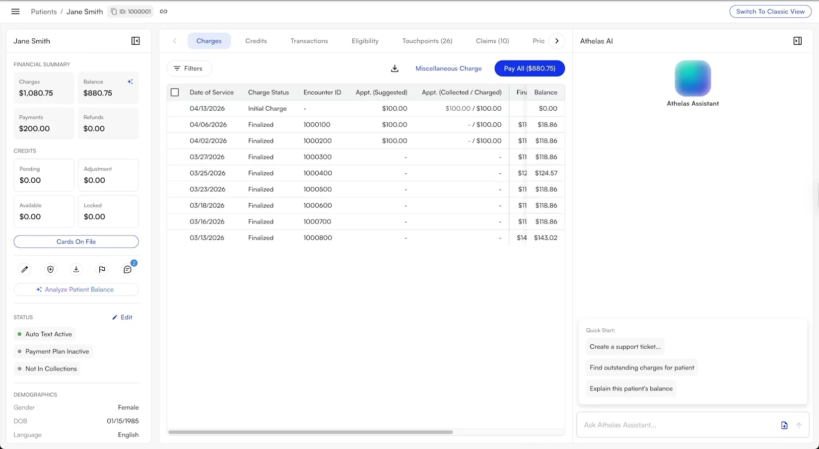 The new Patient Profile showing a financial summary, charges and transactions, credits, and the Athelas AI assistant ready to explain the patient's balance