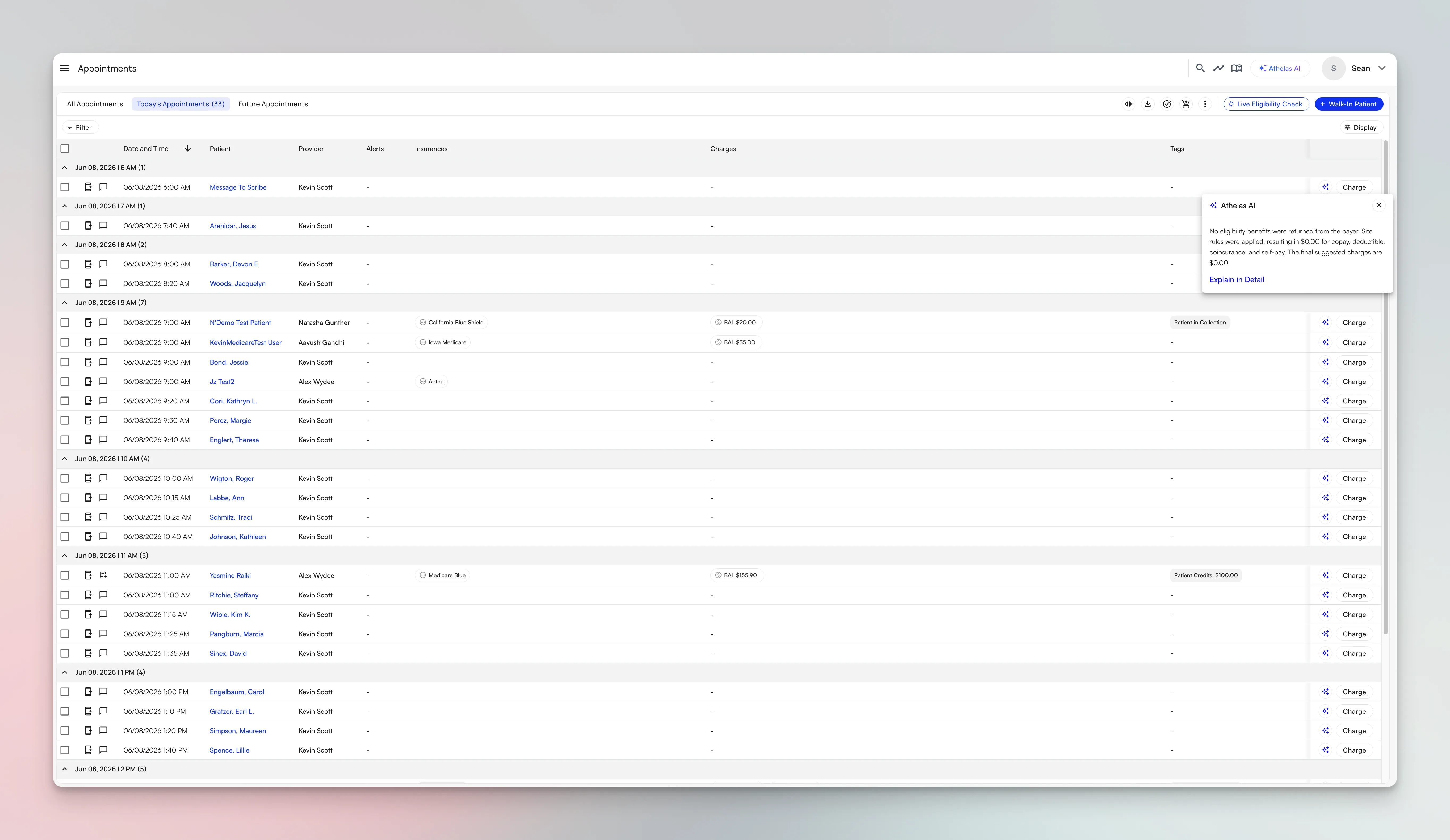 The new Appointments page list view grouped by time, showing patient, provider, alerts, insurance, charges, and tags, with Athelas AI explaining a suggested charge