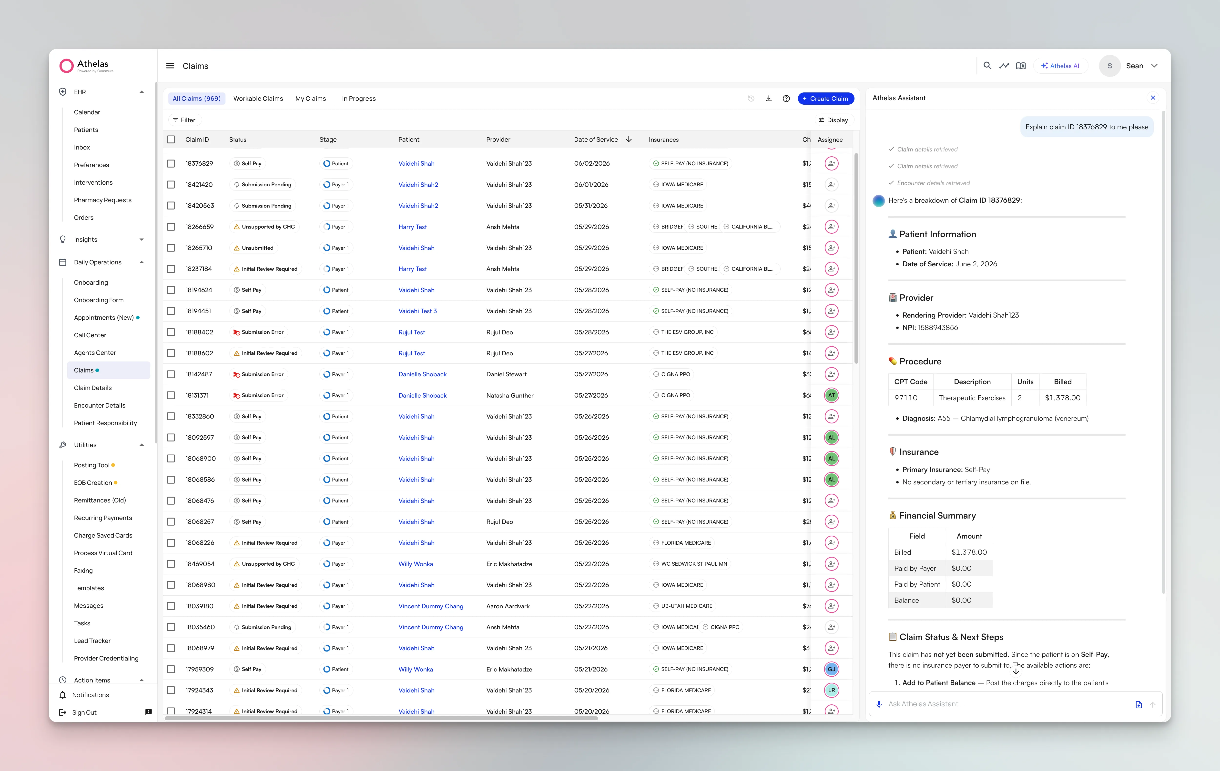 The Claims Page with the Athelas assistant panel open, showing patient information, provider, procedure, insurance, a financial summary, and claim status with next steps
