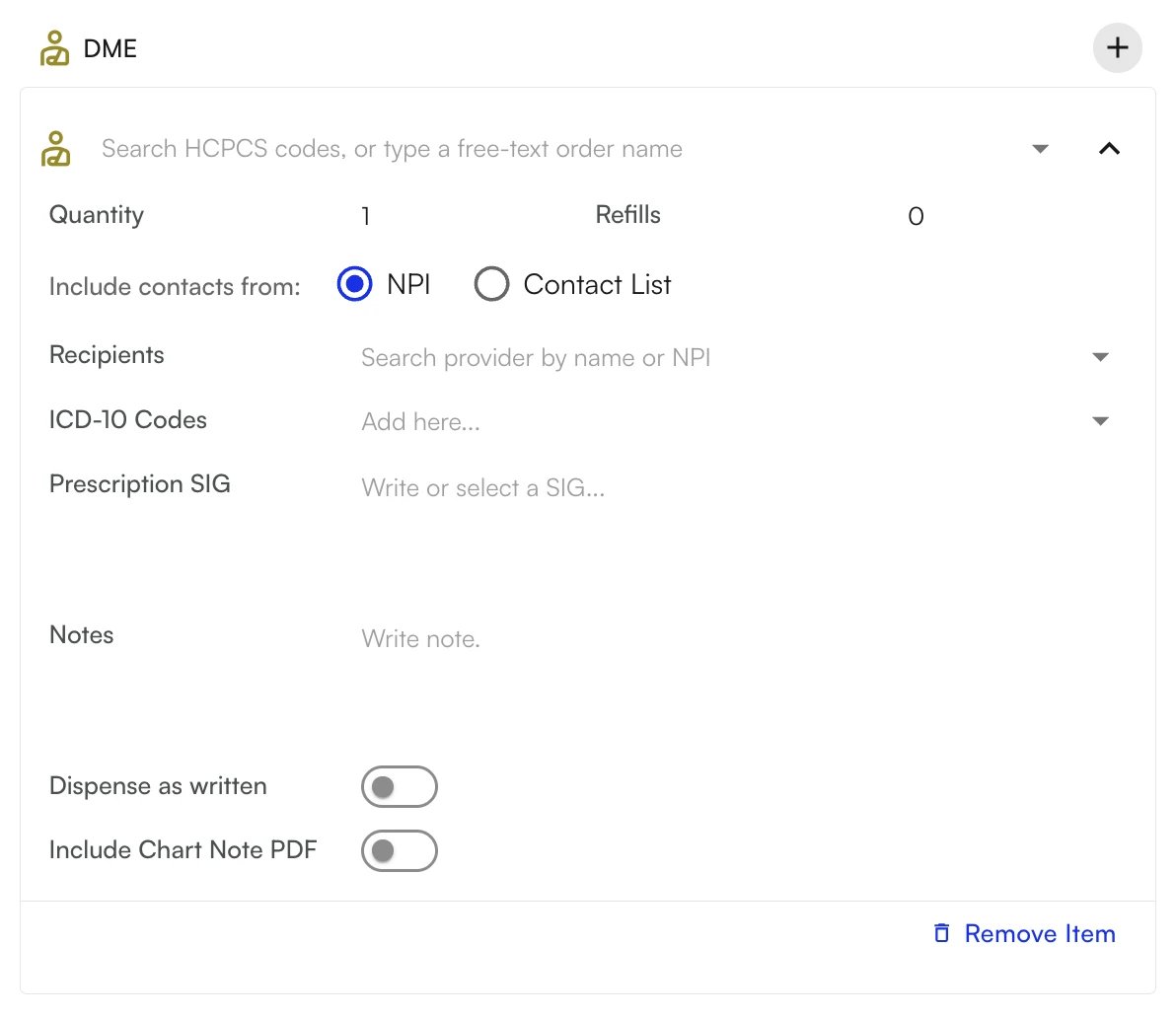 Adding a DME item to an order set