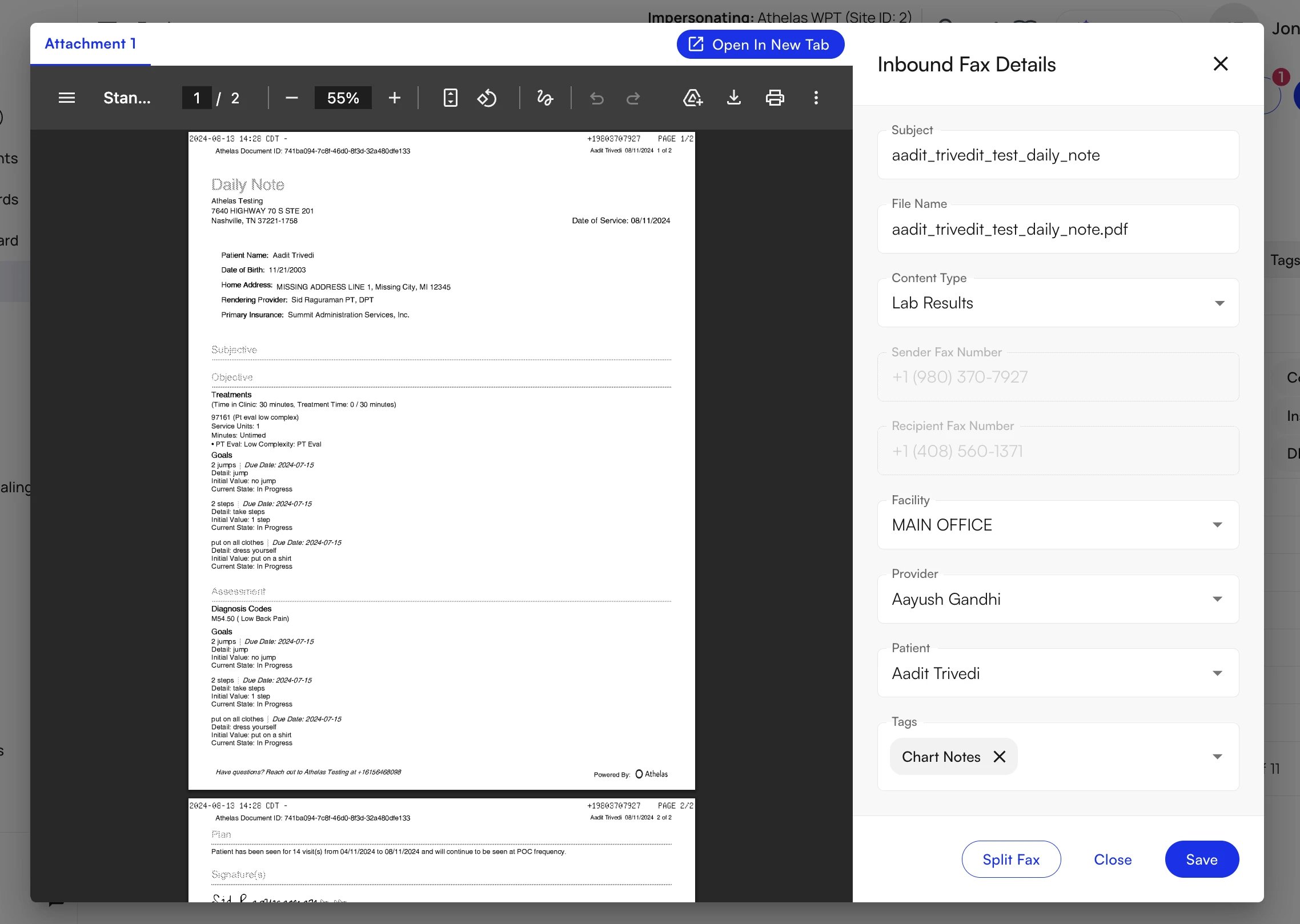 Processing an inbound fax with the PDF and edit panel side by side