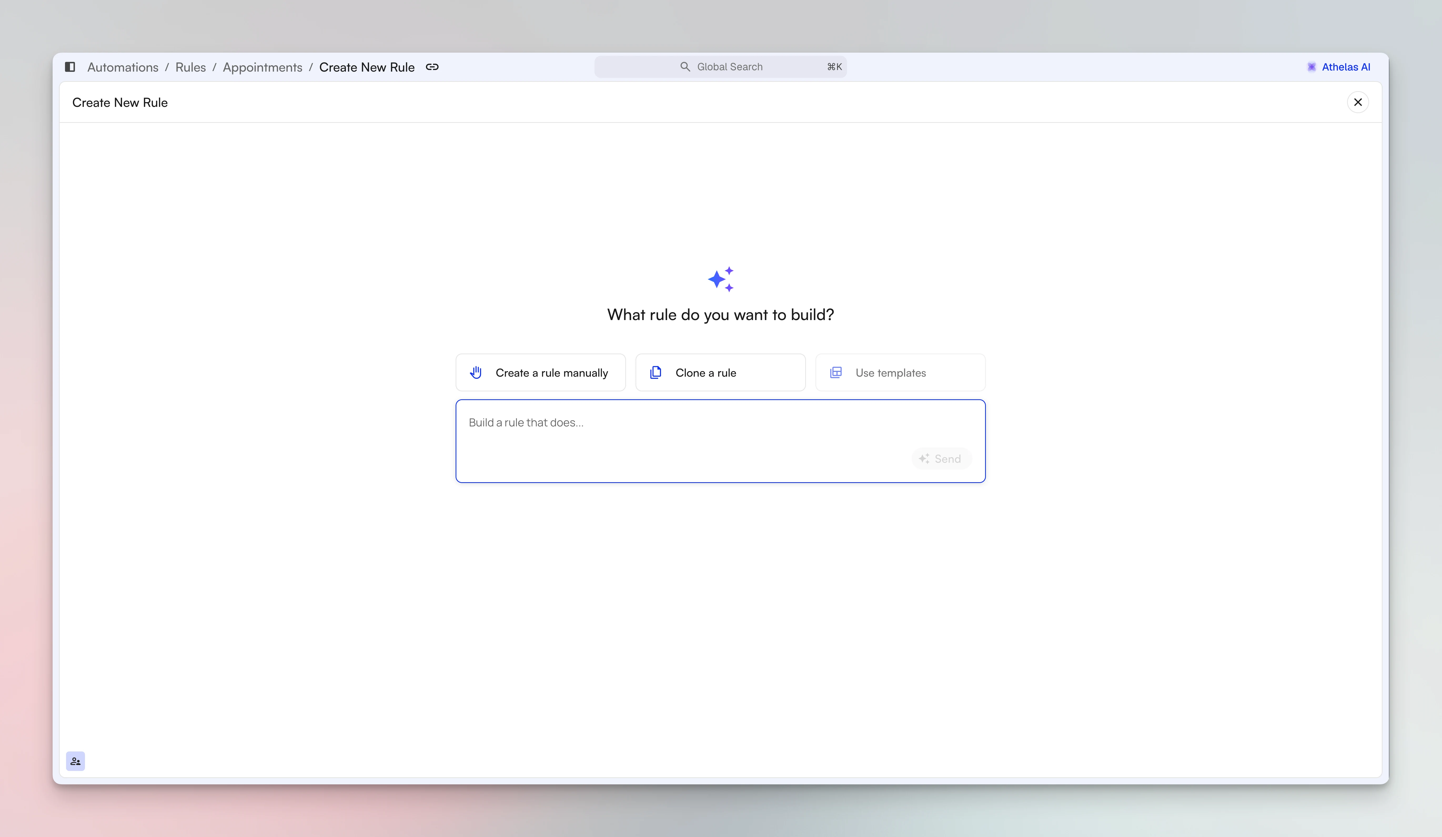 The Create New Rule screen asking what rule you want to build, with options to create manually, clone, or describe the rule in plain language