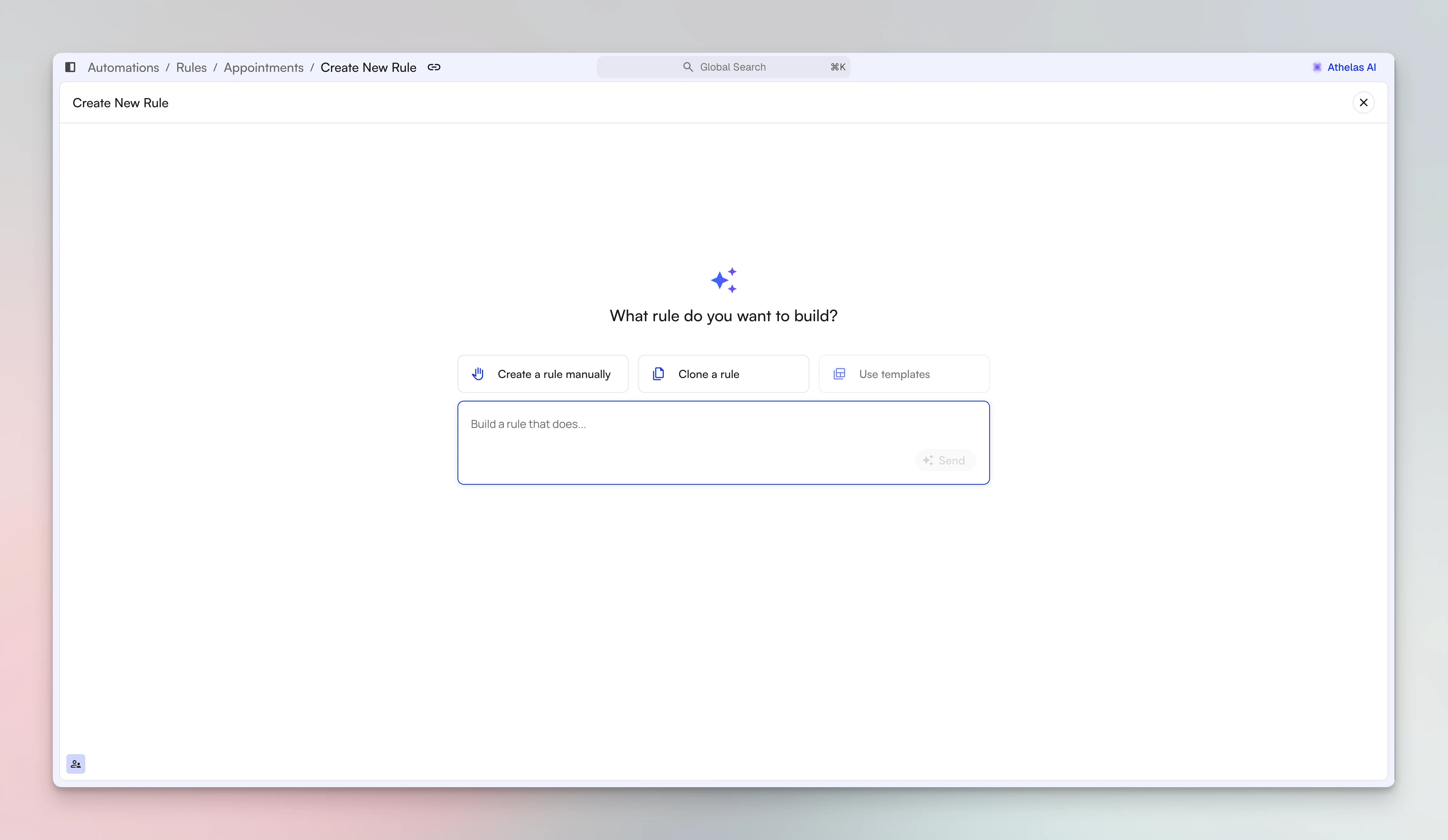 The Create New Rule screen asking what rule you want to build, with options to create manually, clone, or describe the rule in plain language