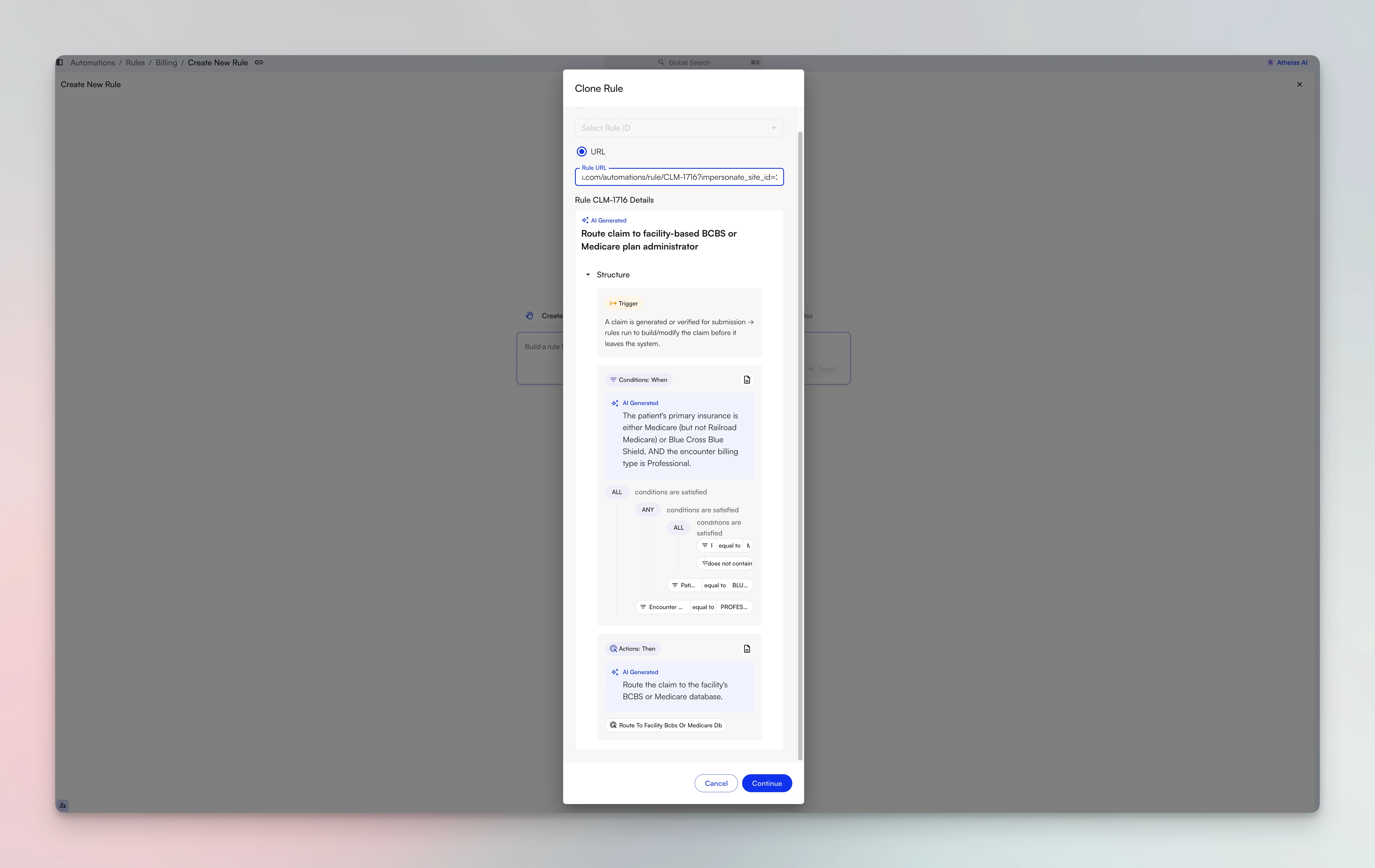 The Clone Rule panel with a rule selected by URL and a full preview of that rule's trigger, conditions, and actions