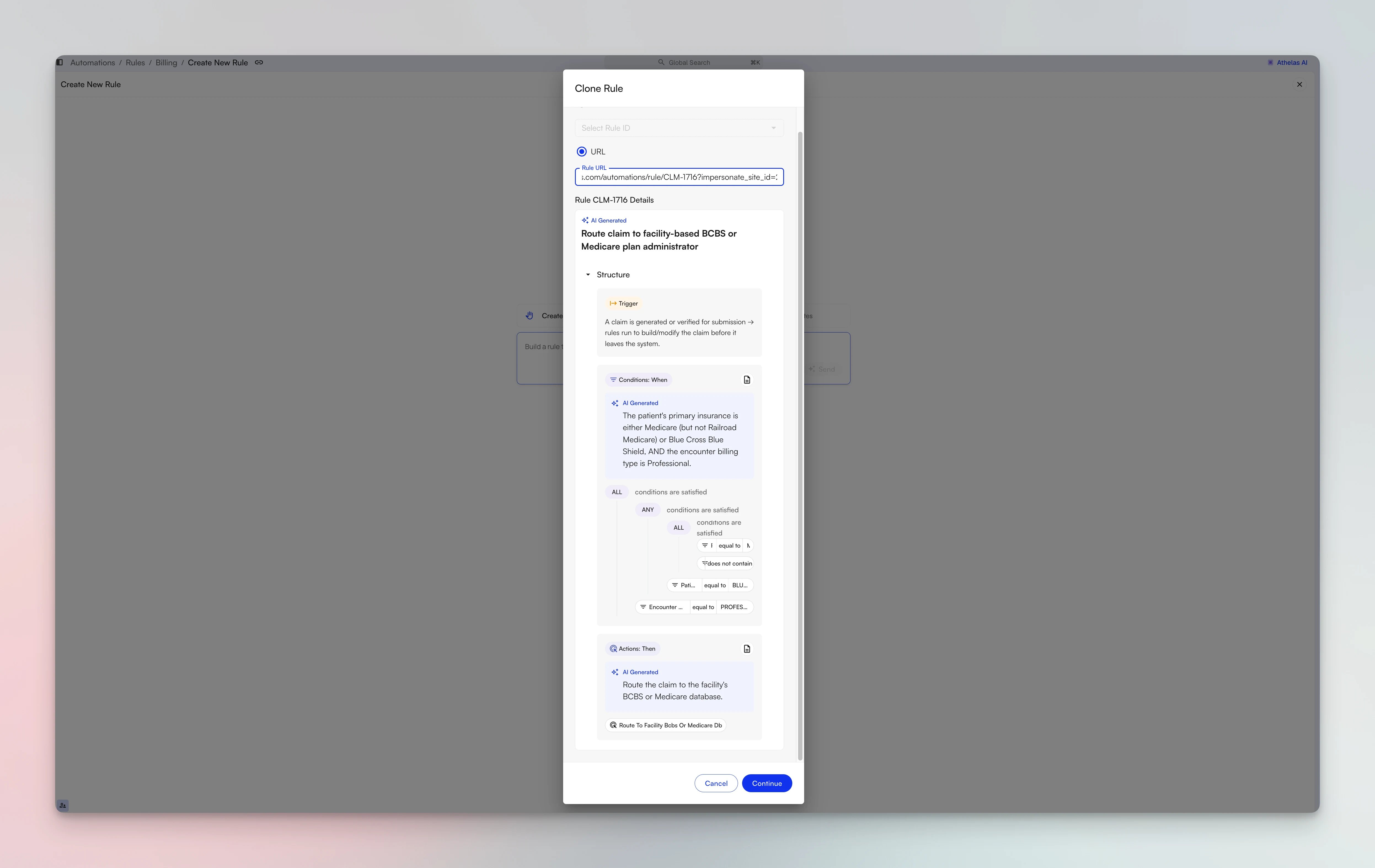 The Clone Rule panel with a rule selected by URL and a full preview of that rule's trigger, conditions, and actions