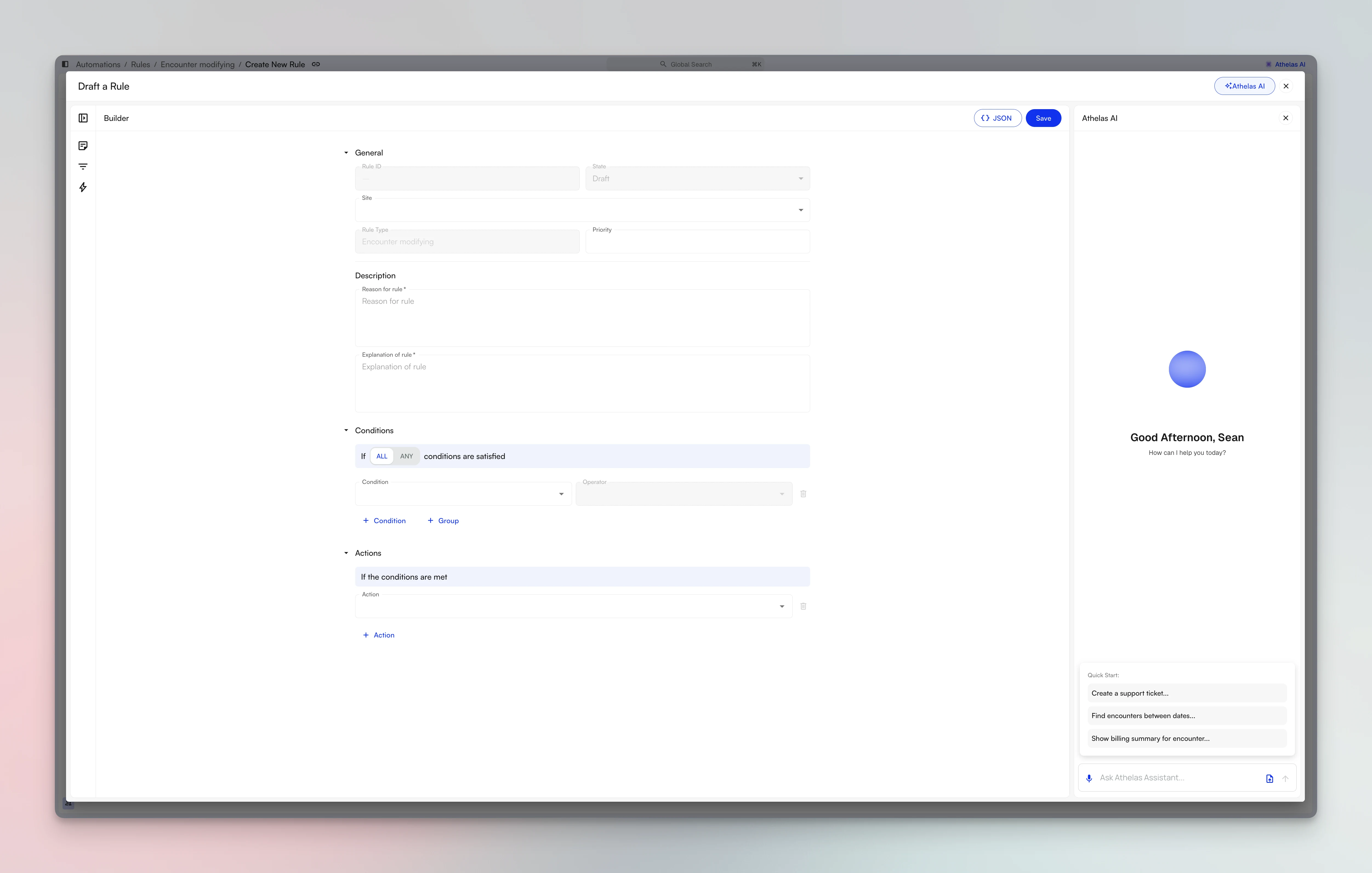 The rule builder titled Draft a Rule, showing General, Description, Conditions, and Actions sections with the Athelas Assistant panel open alongside