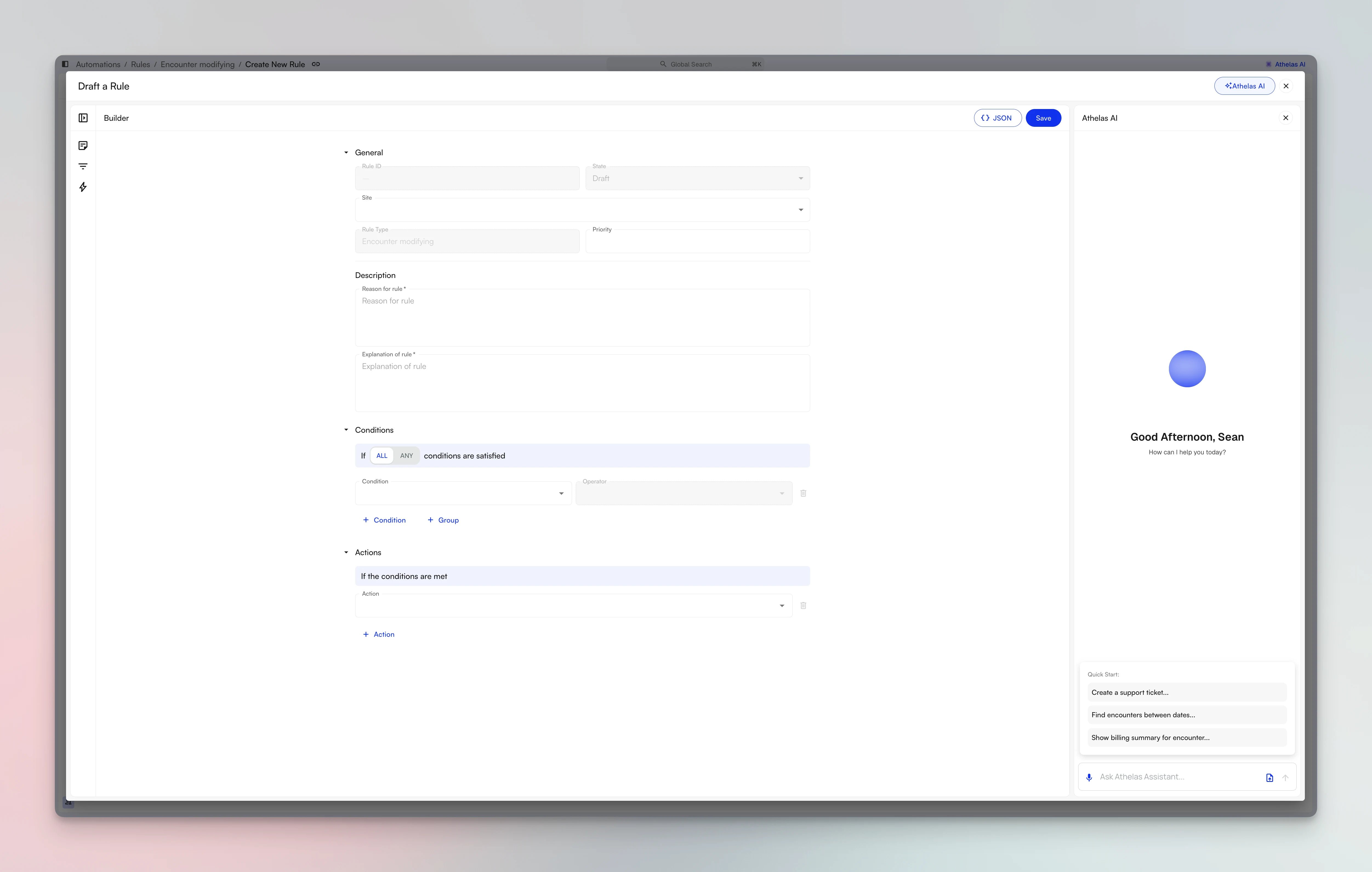 The rule builder titled Draft a Rule, showing General, Description, Conditions, and Actions sections with the Athelas Assistant panel open alongside
