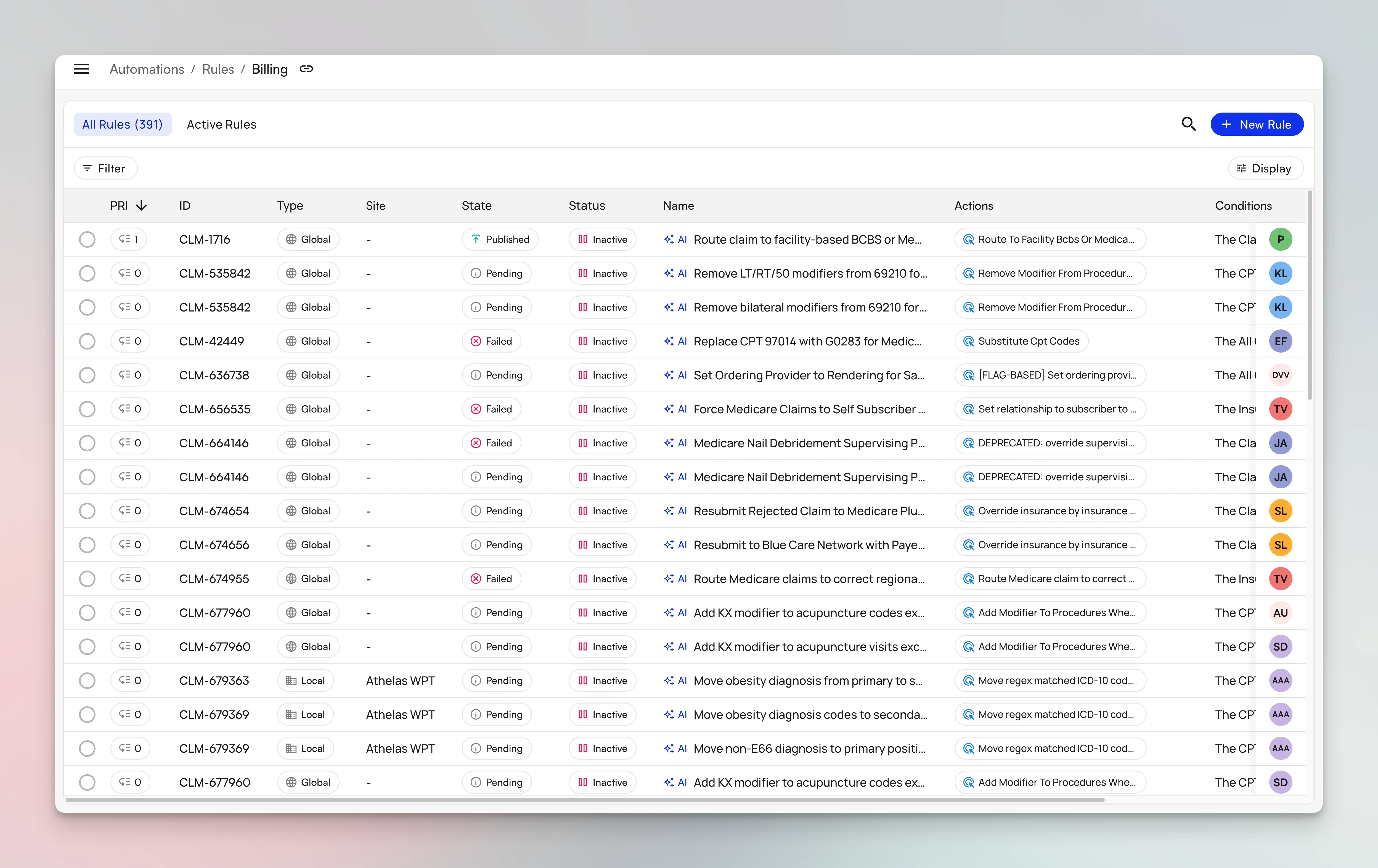 The Rules tab showing the Billing engine's rules in a single sortable table with priority, state, status, name, actions, and conditions columns