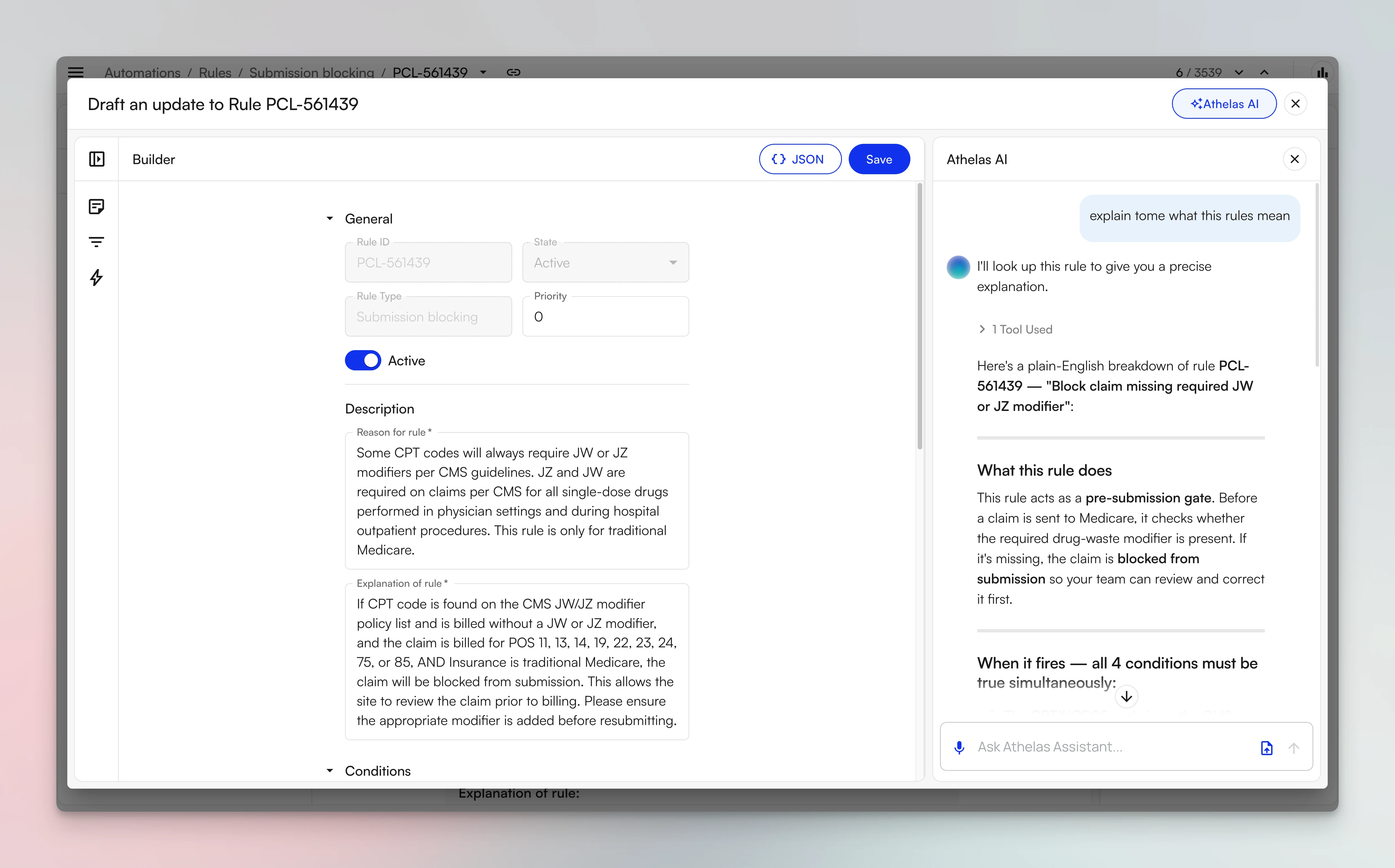 The edit view titled Draft an update to Rule, with General and Description fields and the Athelas Assistant panel open