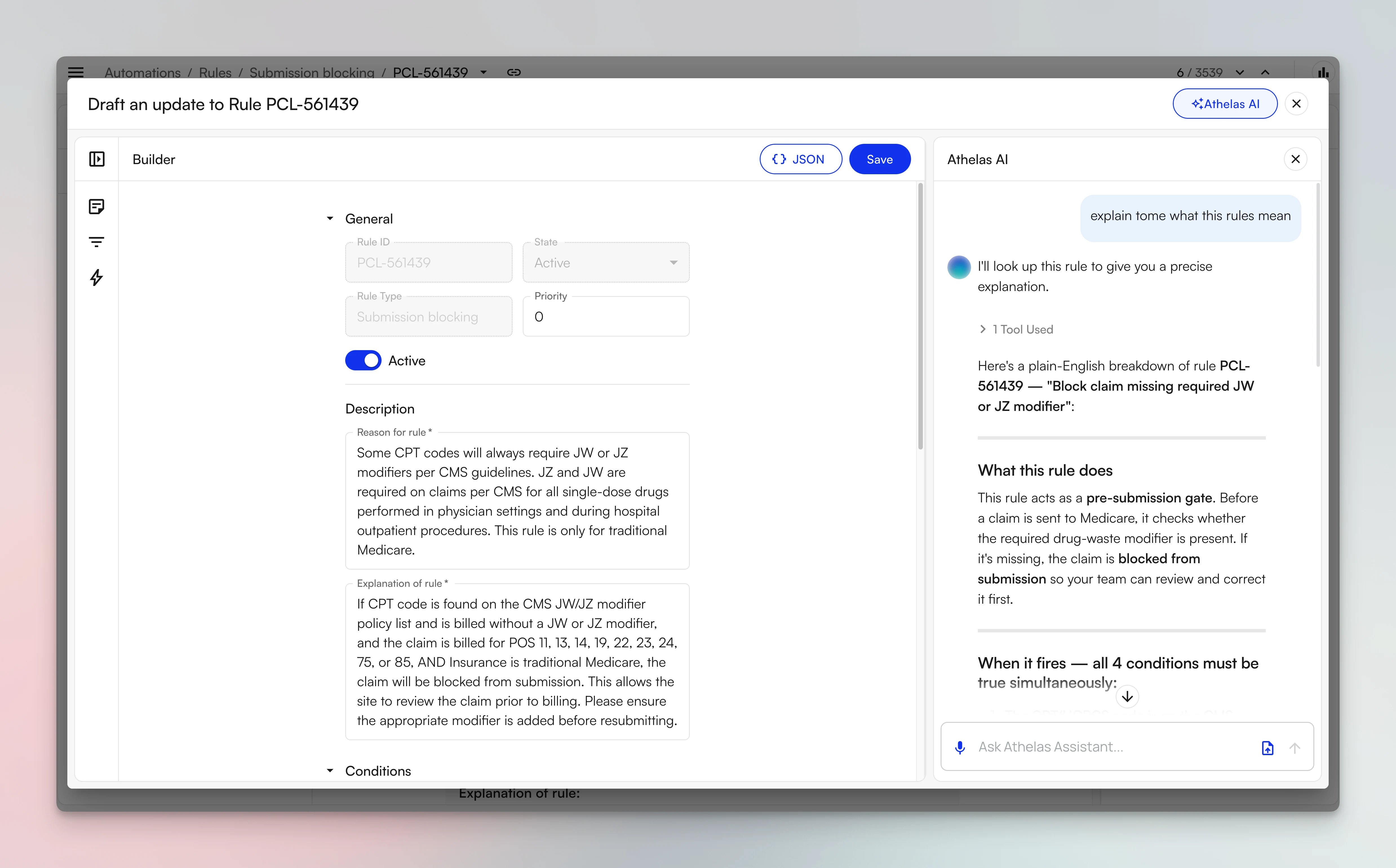 The edit view titled Draft an update to Rule, with General and Description fields and the Athelas Assistant panel open