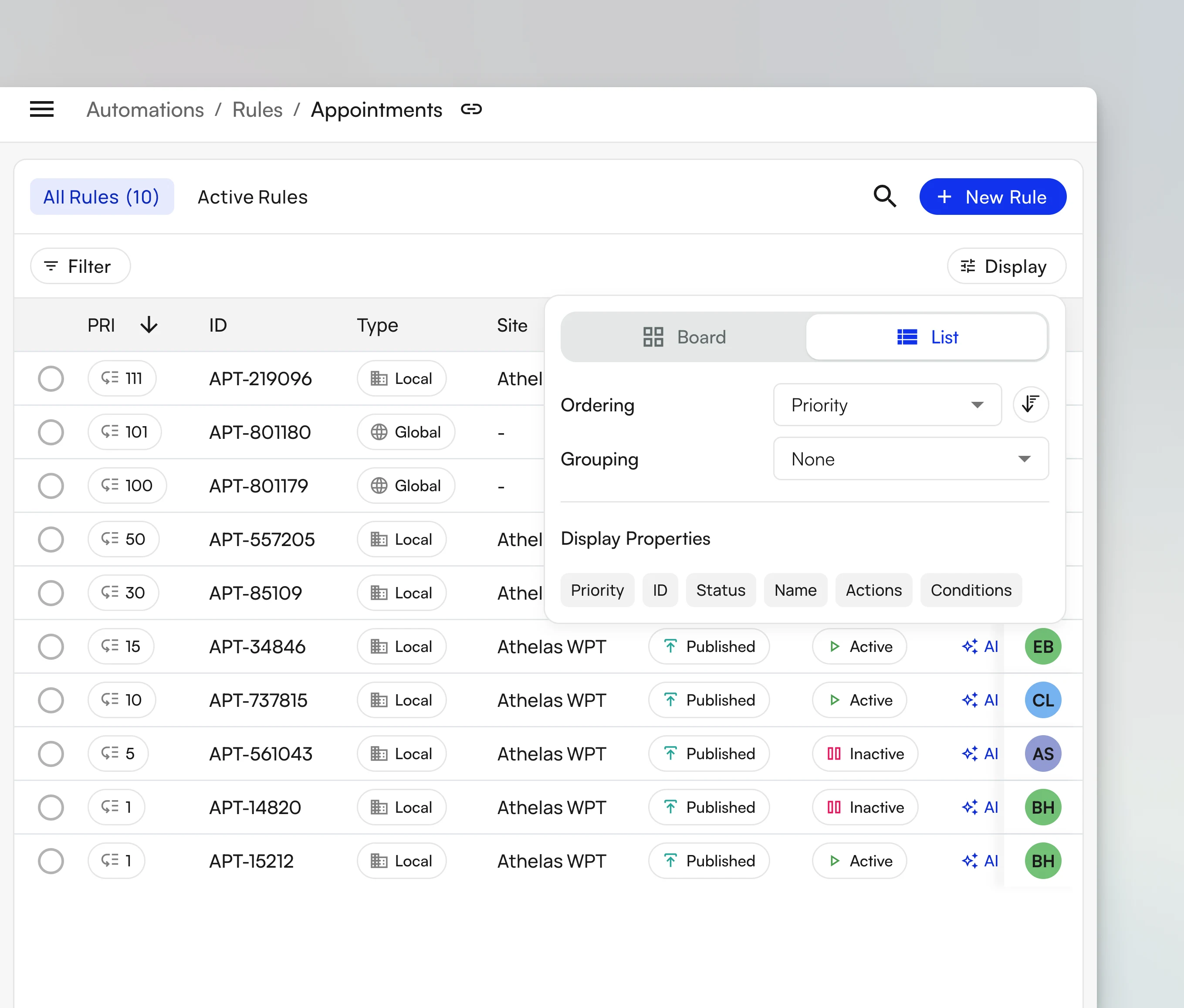 The Display popover showing the Board and List toggle, Ordering, Grouping, and Display Properties controls