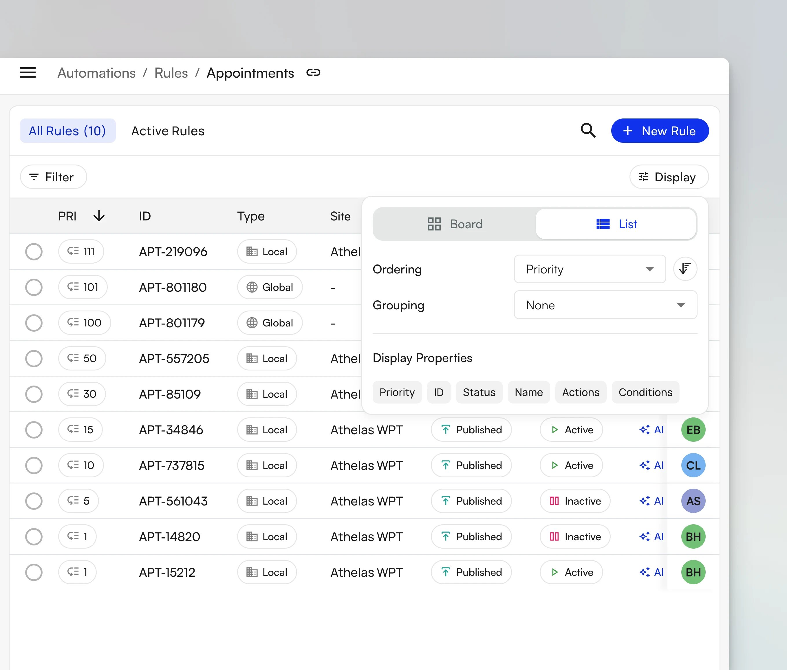 The Display popover showing the Board and List toggle, Ordering, Grouping, and Display Properties controls