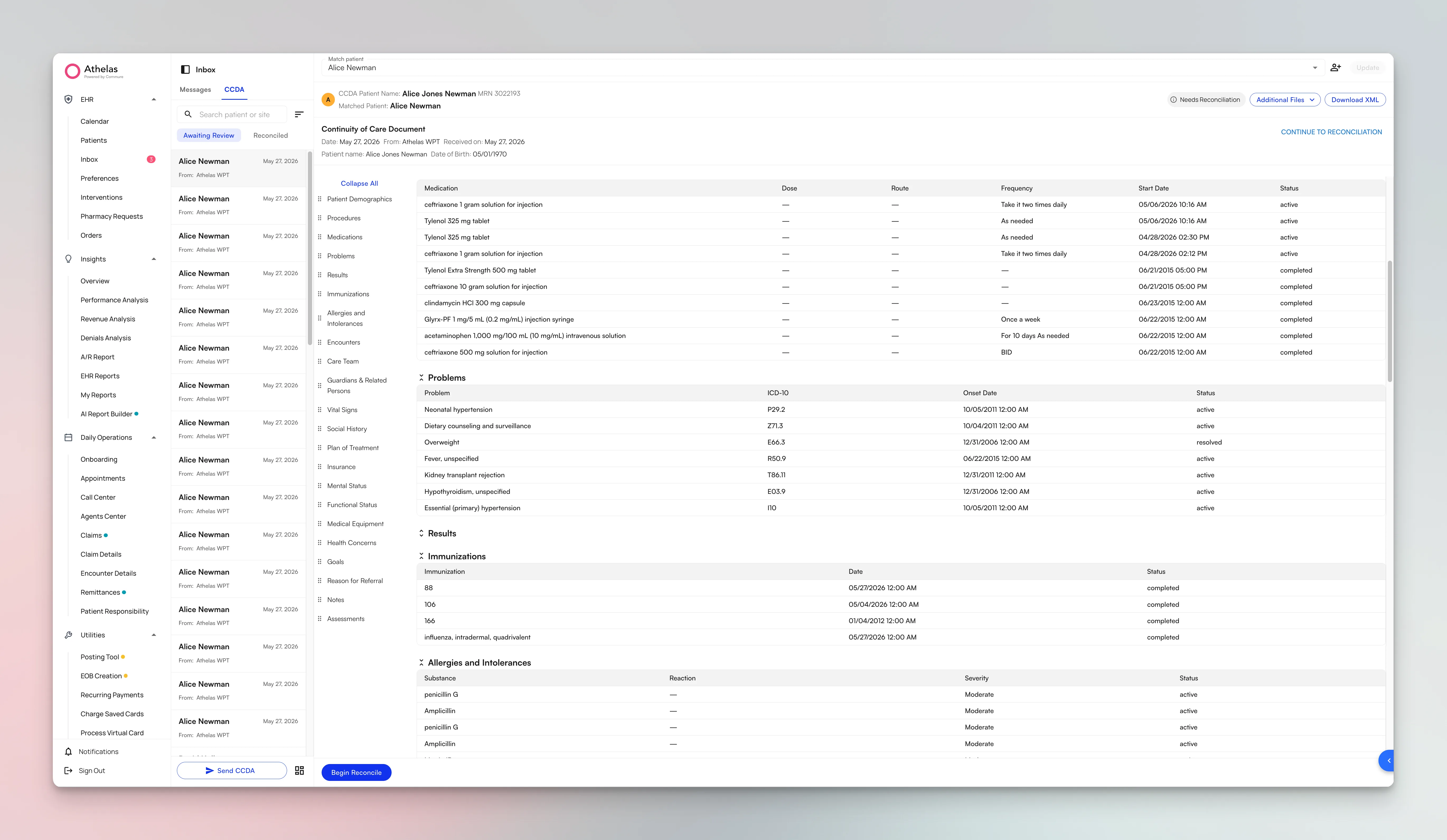 The C-CDA Continuity of Care Document viewer showing problems, results, immunizations, and allergies sections alongside the document inbox