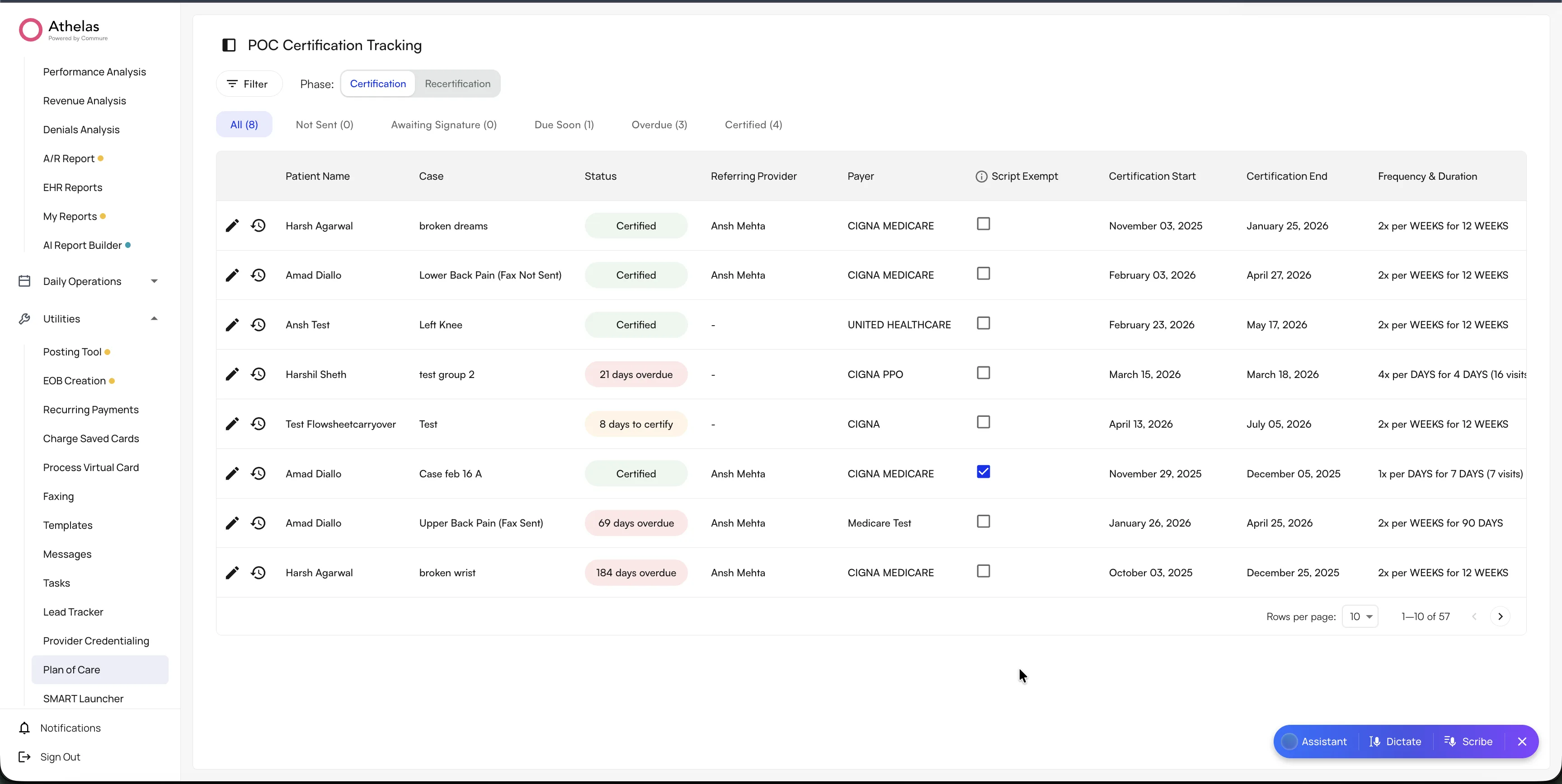 Plan of Care certification tracking table showing patient, case, certification status, referring provider, payer, and certification dates, with status filters across the top