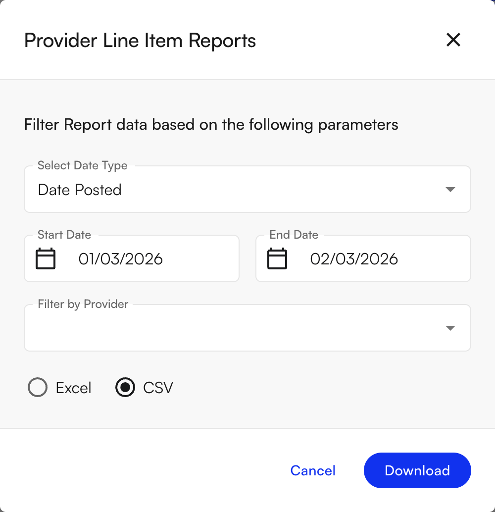 Provider Line Item Report showing summary and raw payment tables by provider and line item
