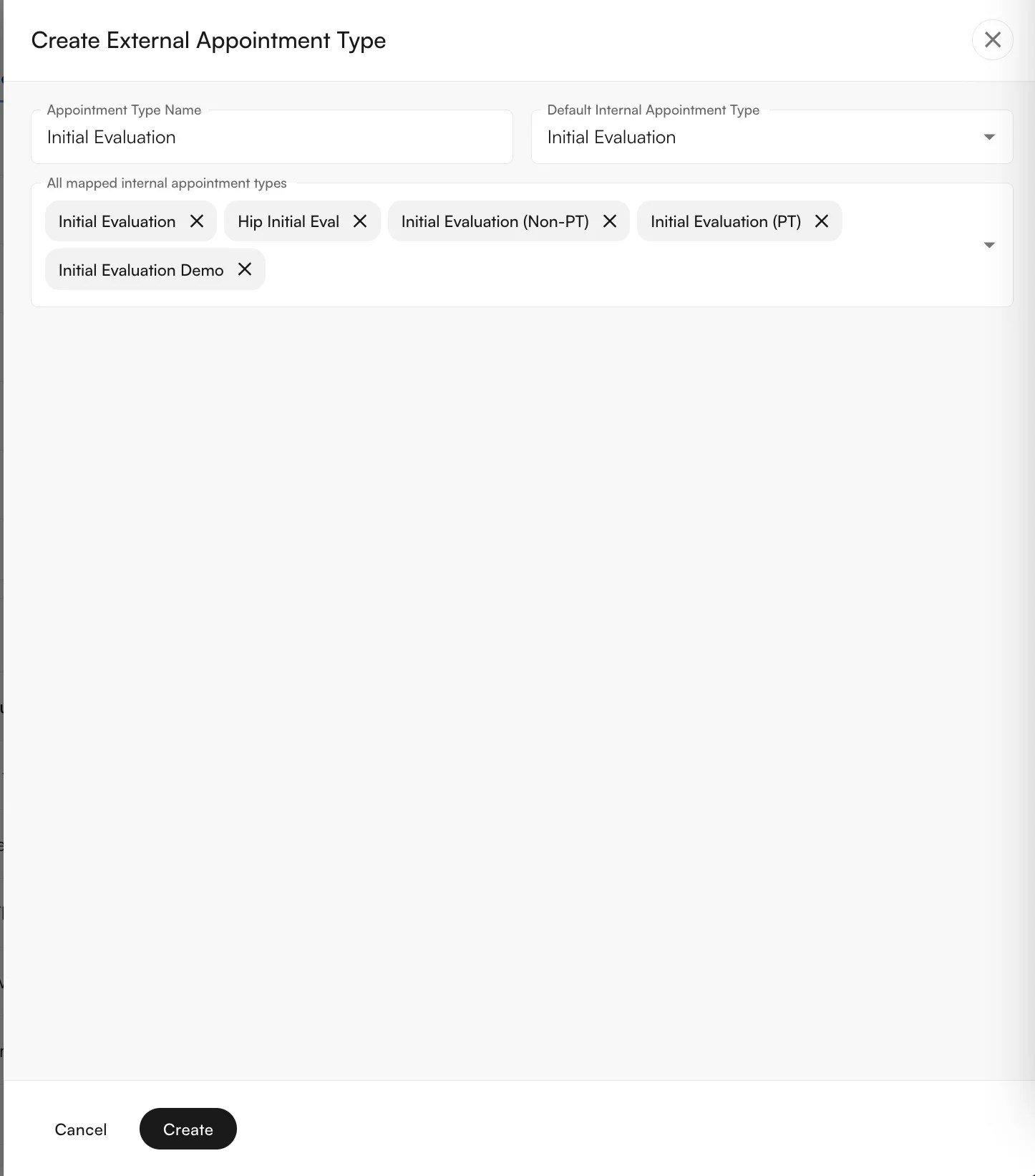Create External Appointment Type modal with mapped internal types