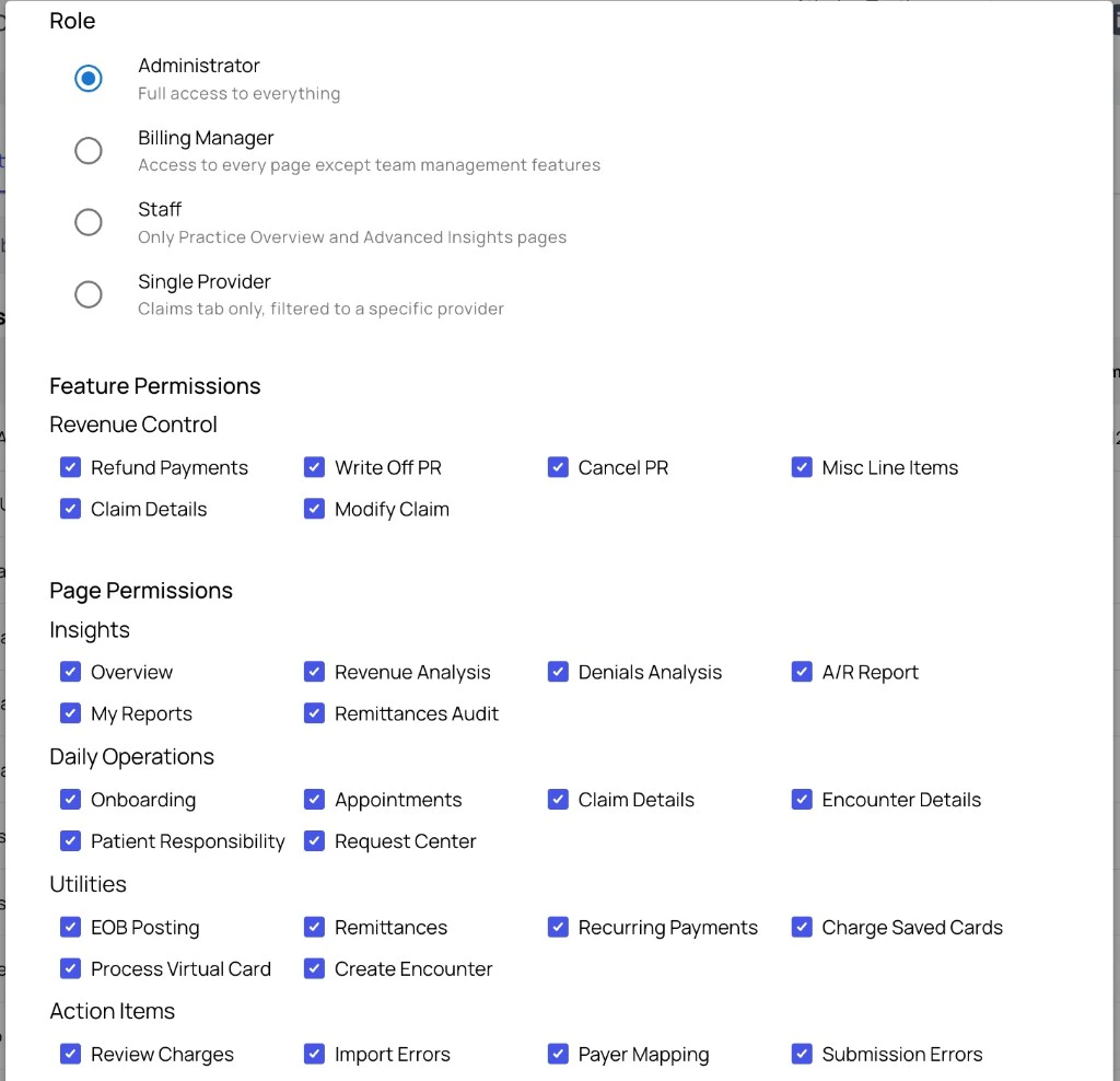 Role section with feature and page permission checkboxes.