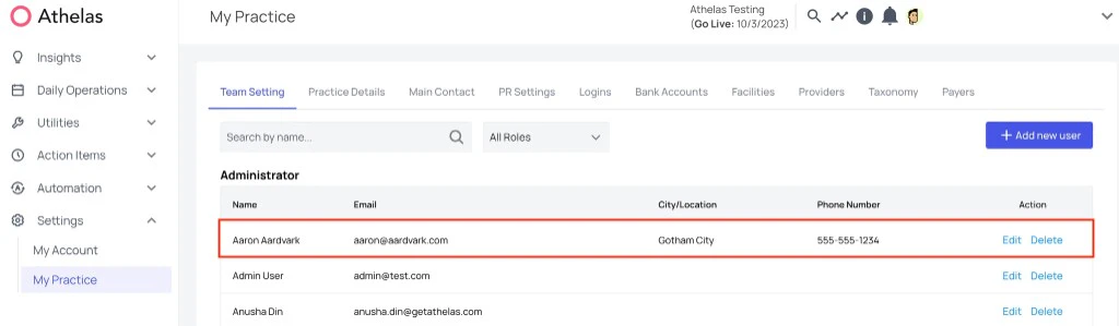 Team Setting user list showing the newly added user.