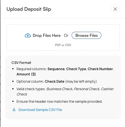 The Upload Deposit Slip dialog with CSV and PDF options