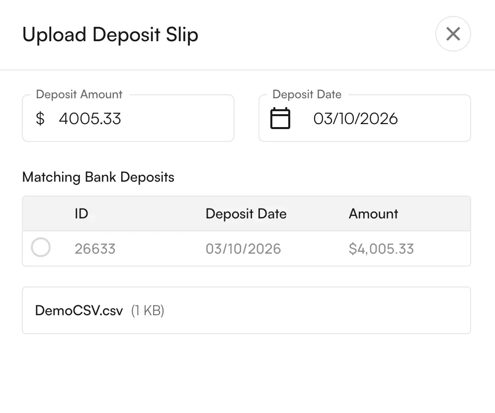 The bank deposit selector showing matching candidates