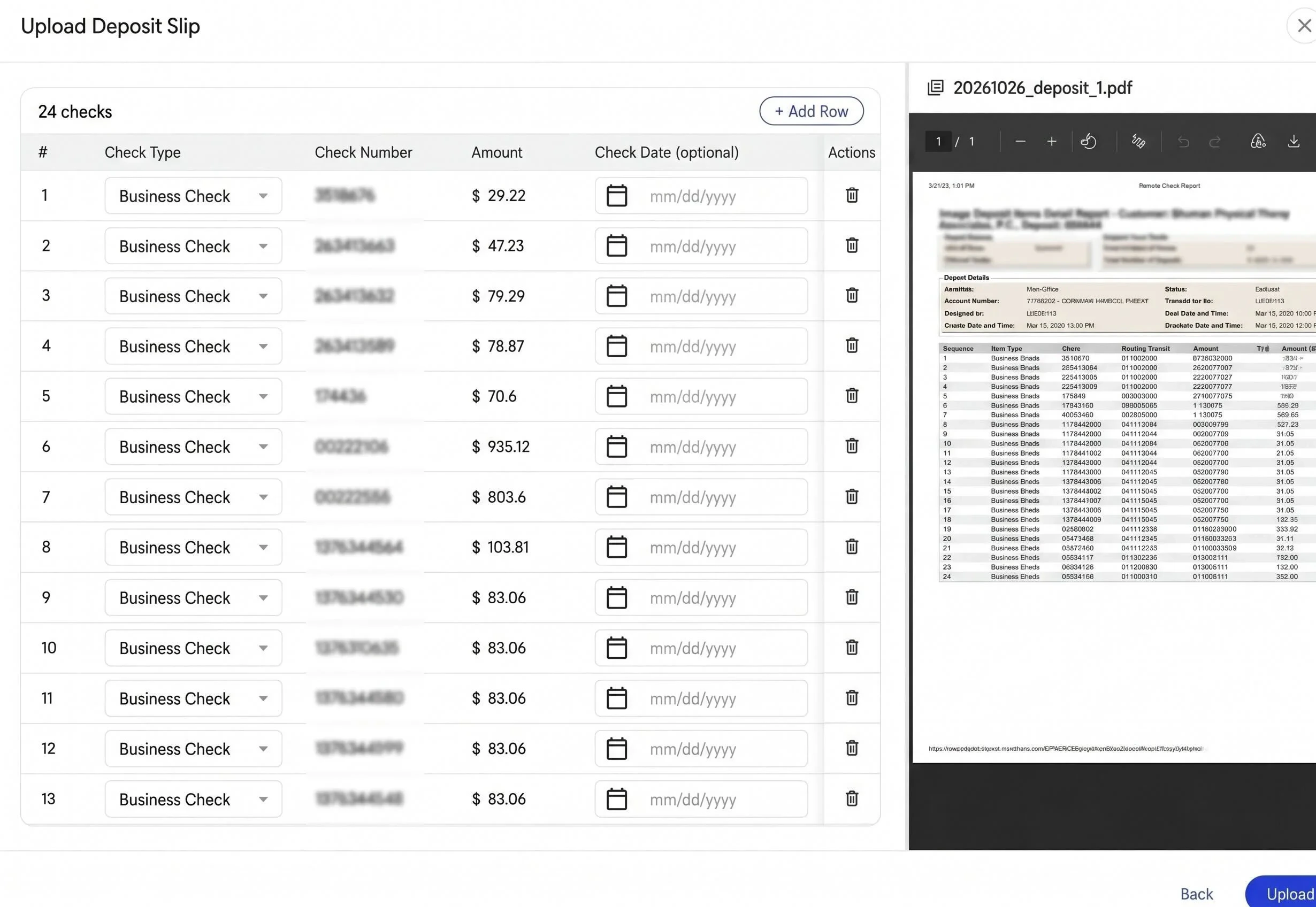 The slip review state showing the editable line items table