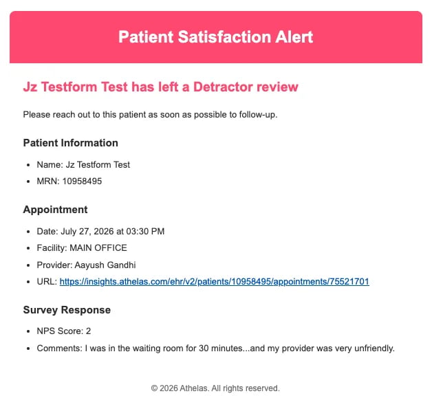 Detractor email alert configuration