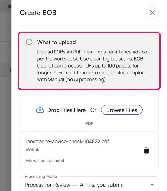 The Create EOB panel with the What to upload notice highlighted