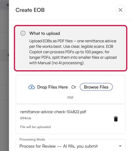 The Create EOB panel with the What to upload notice highlighted