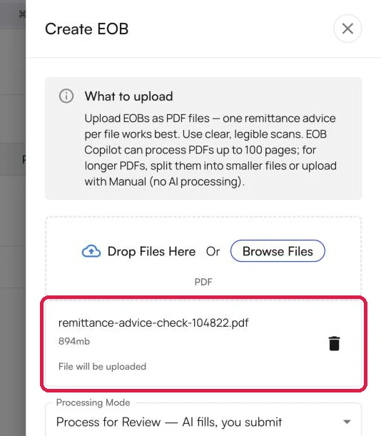 The Create EOB panel with one file listed