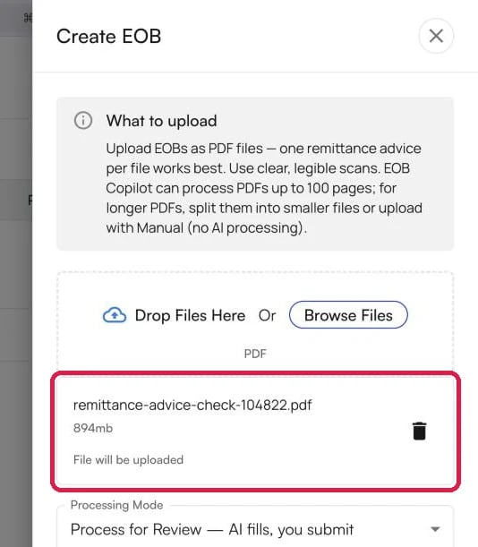 The Create EOB panel with one file listed