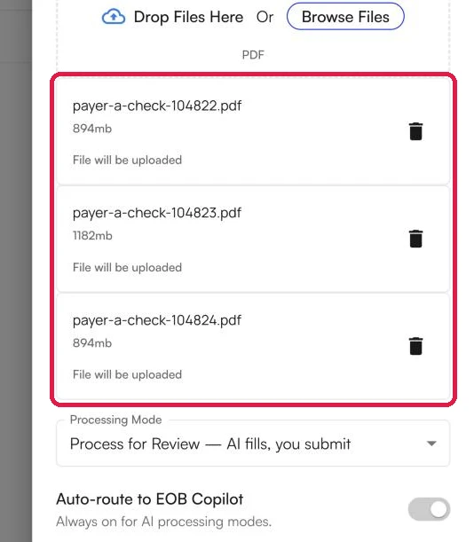 The Create EOB panel with three files listed