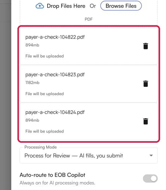 The Create EOB panel with three files listed