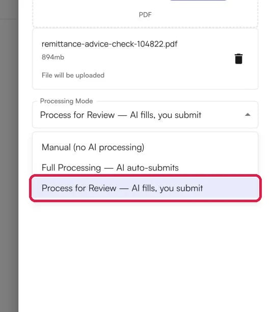The Processing Mode dropdown with Process for Review highlighted