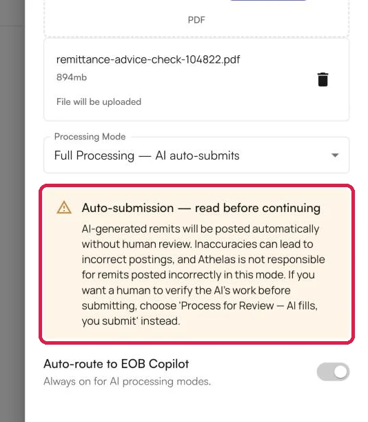 The Create EOB panel with the Full Processing auto-submission warning highlighted