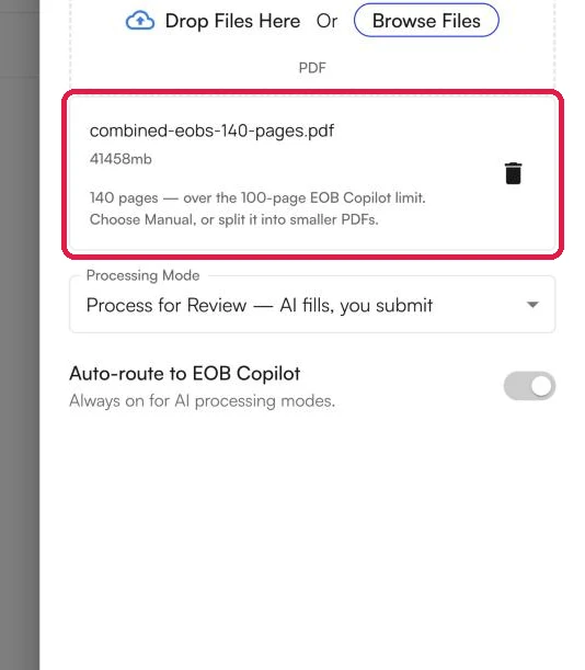 The Create EOB panel with the over the 100-page limit message highlighted