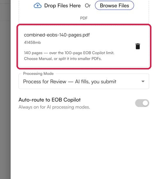 The Create EOB panel with the over the 100-page limit message highlighted