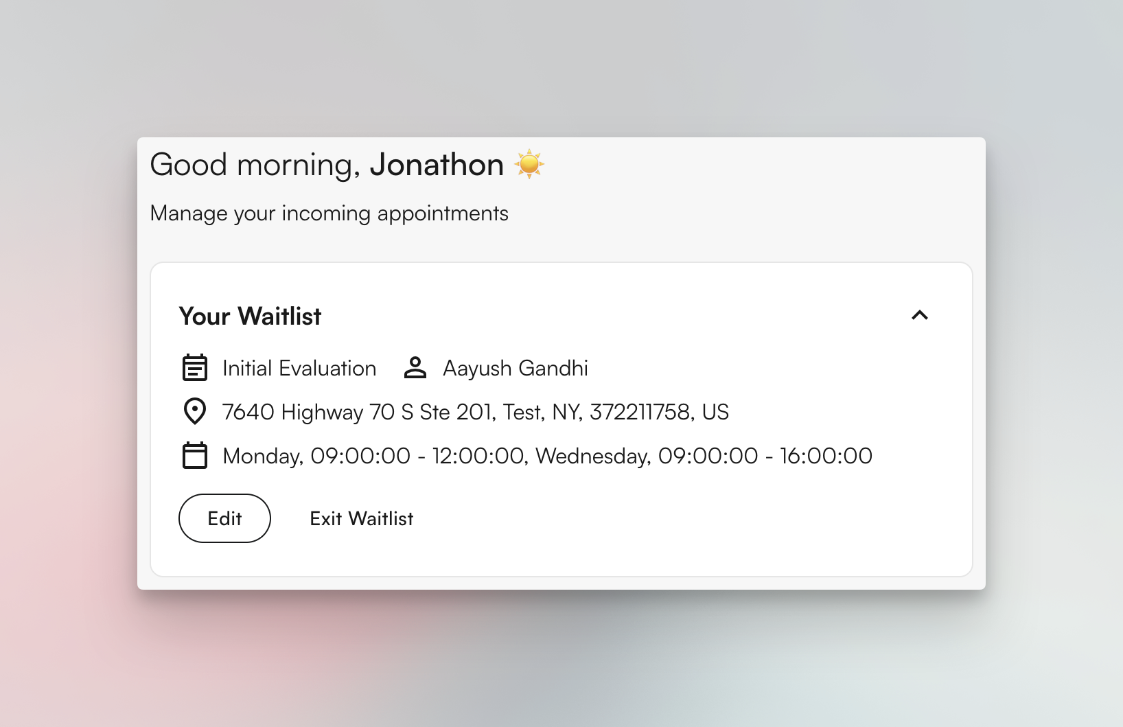 Patient waitlist showing multi-provider selection and waitlist preference management from the demographics page