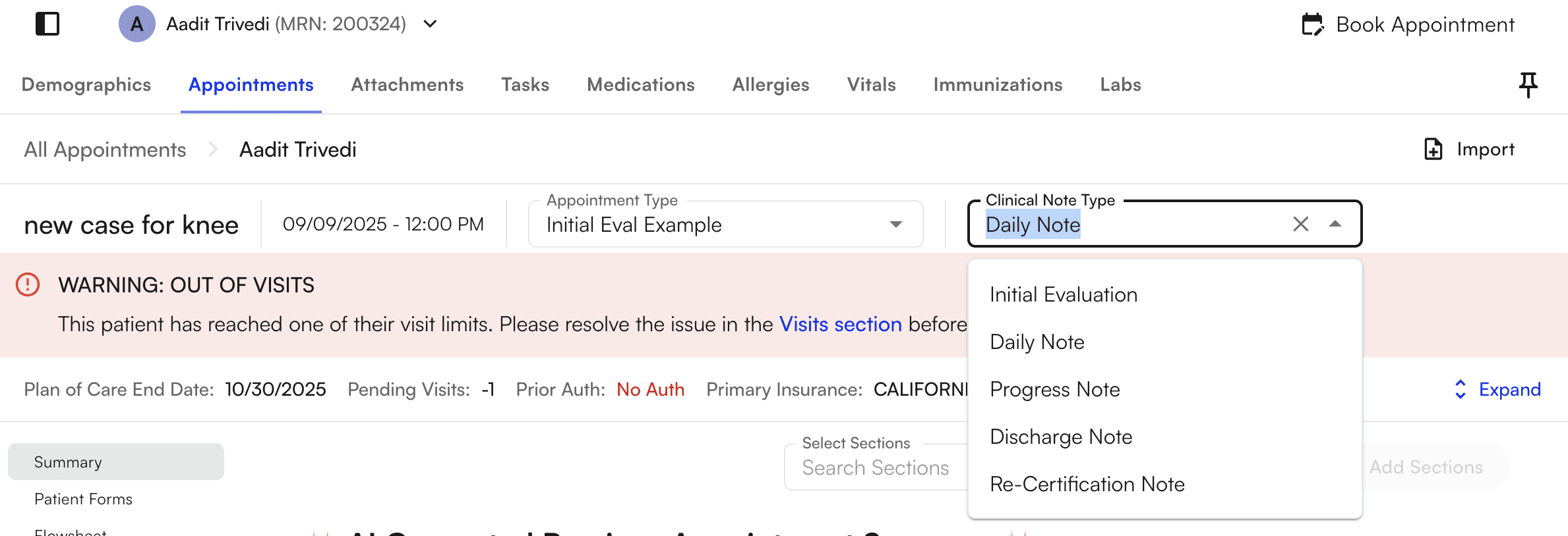 Chart note clinical type dropdown in the chart note header