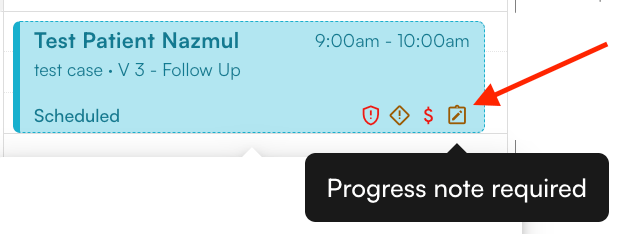 Calendar appointment showing the Progress note required icon
