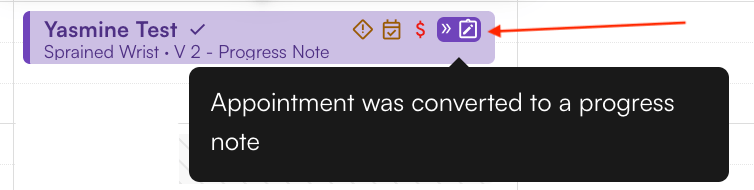 Calendar appointment showing the auto-converted to a progress note icon
