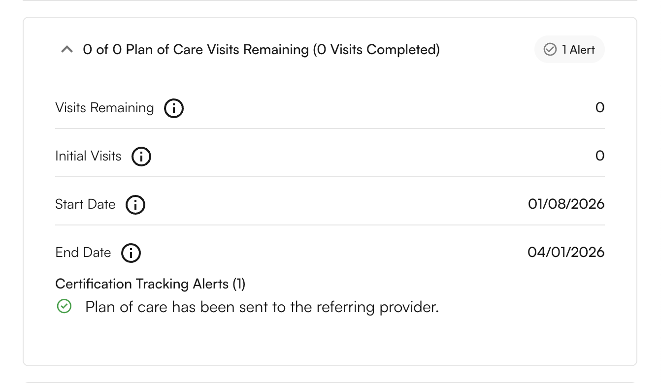 Sent — Awaiting Signature Appointment modal showing Sent status — Plan of care has been sent to the referring provider