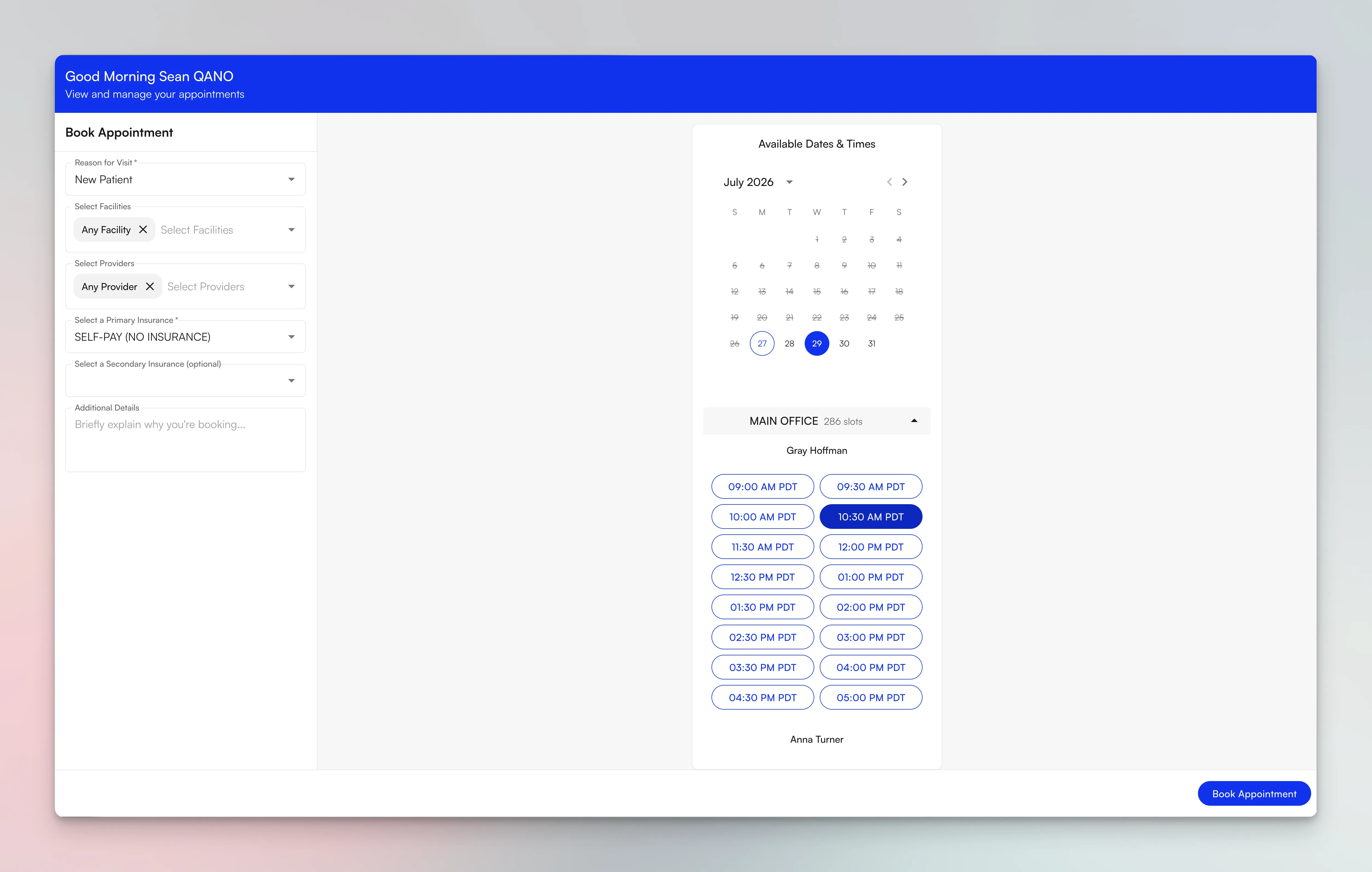 Redesigned online scheduling flow showing appointment type, location, and provider selection with available dates and times