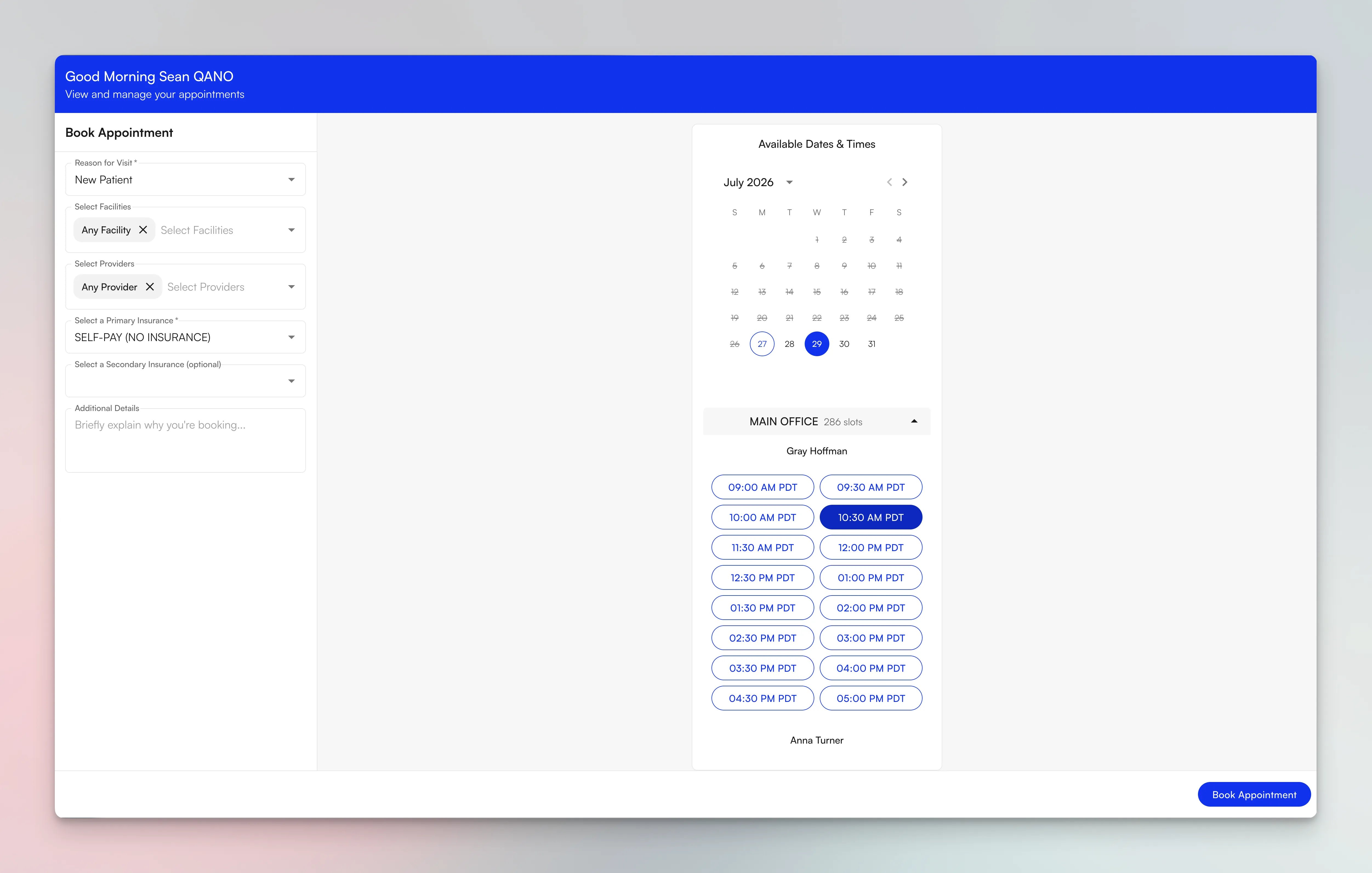 Redesigned online scheduling flow showing appointment type, location, and provider selection with available dates and times