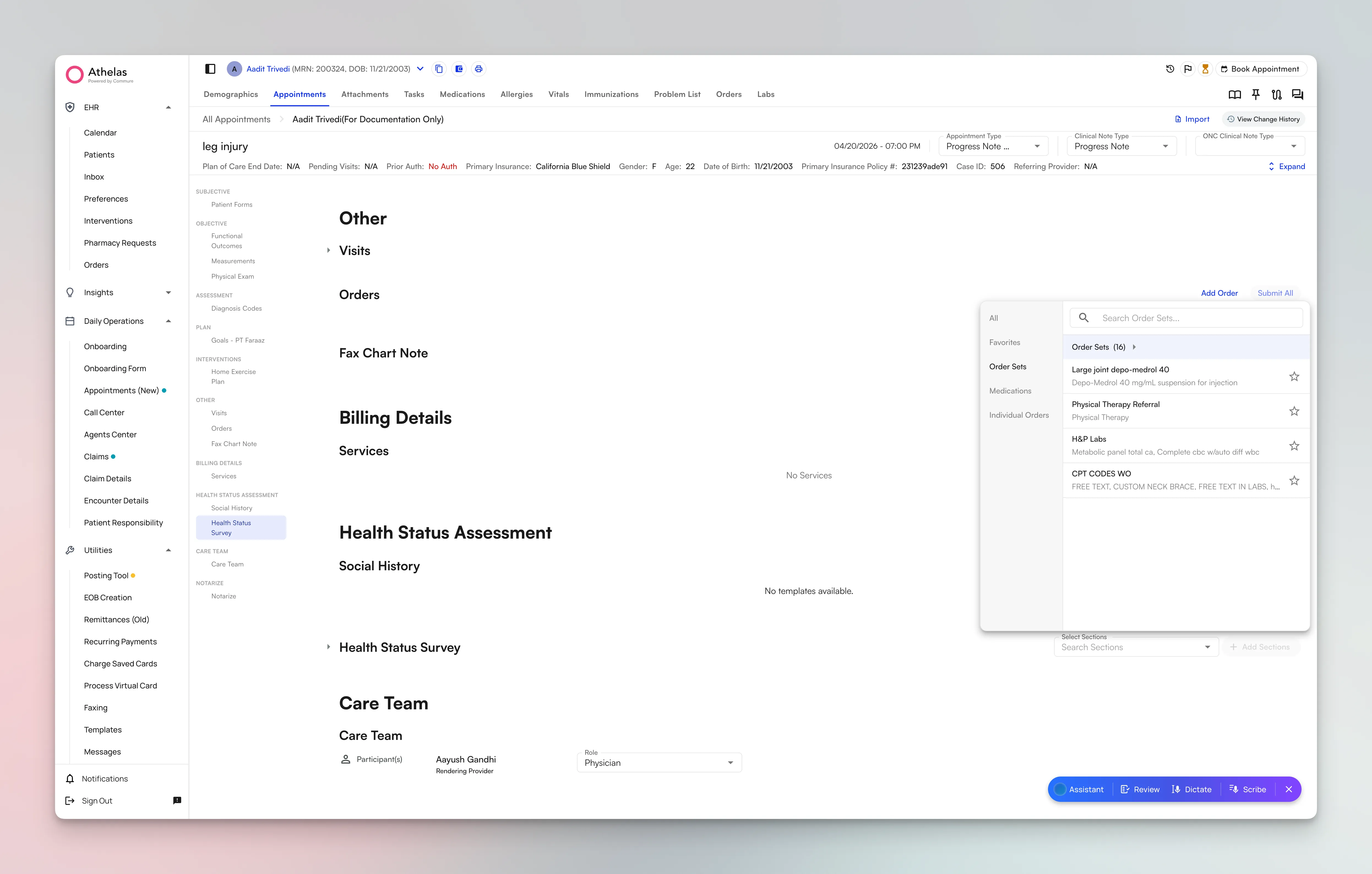 Order Sets interface showing inline ordering for medications, labs, DME, and referrals within the chart note