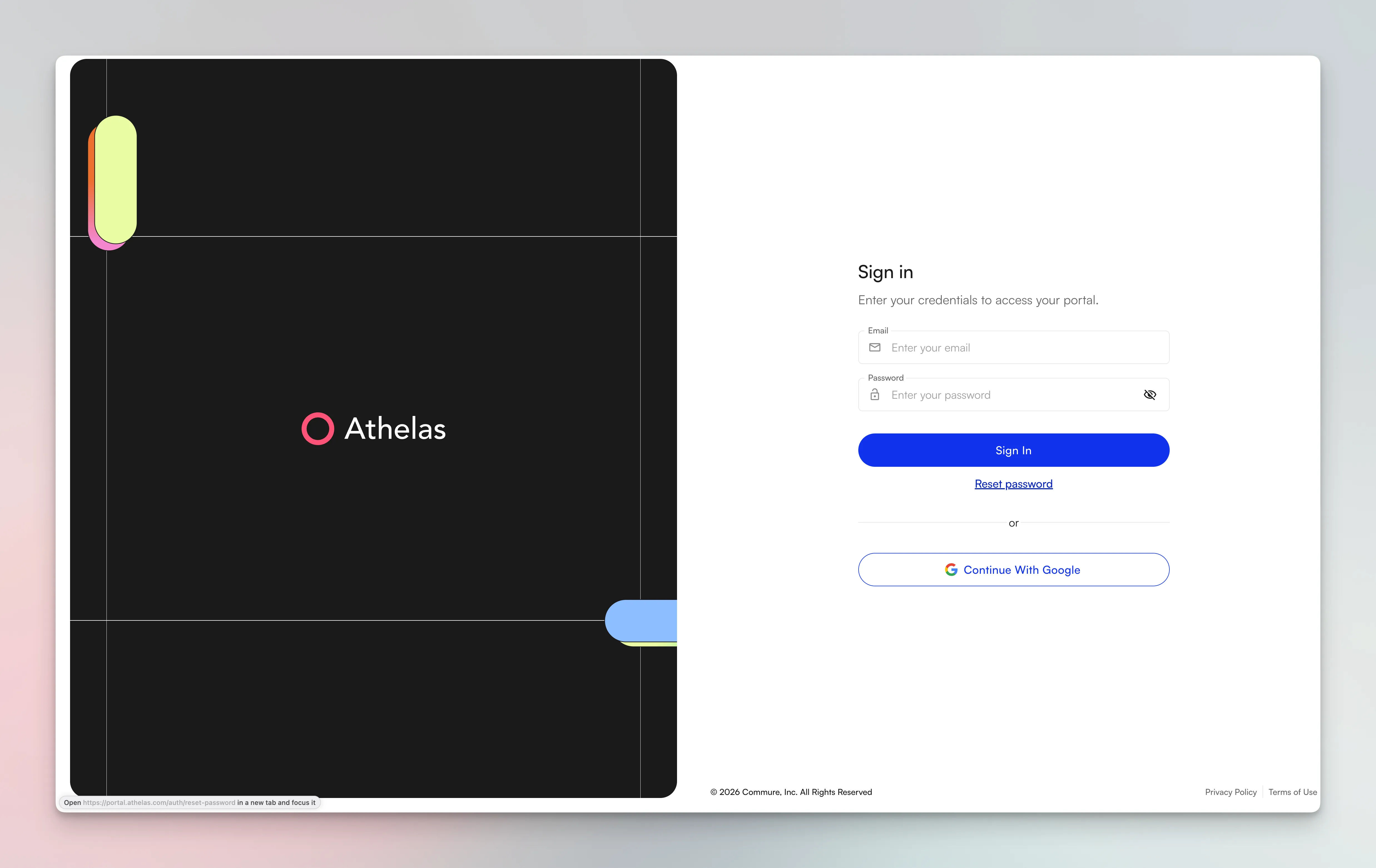 Redesigned patient portal sign-in screen with email and password fields and a Sign in with Google option