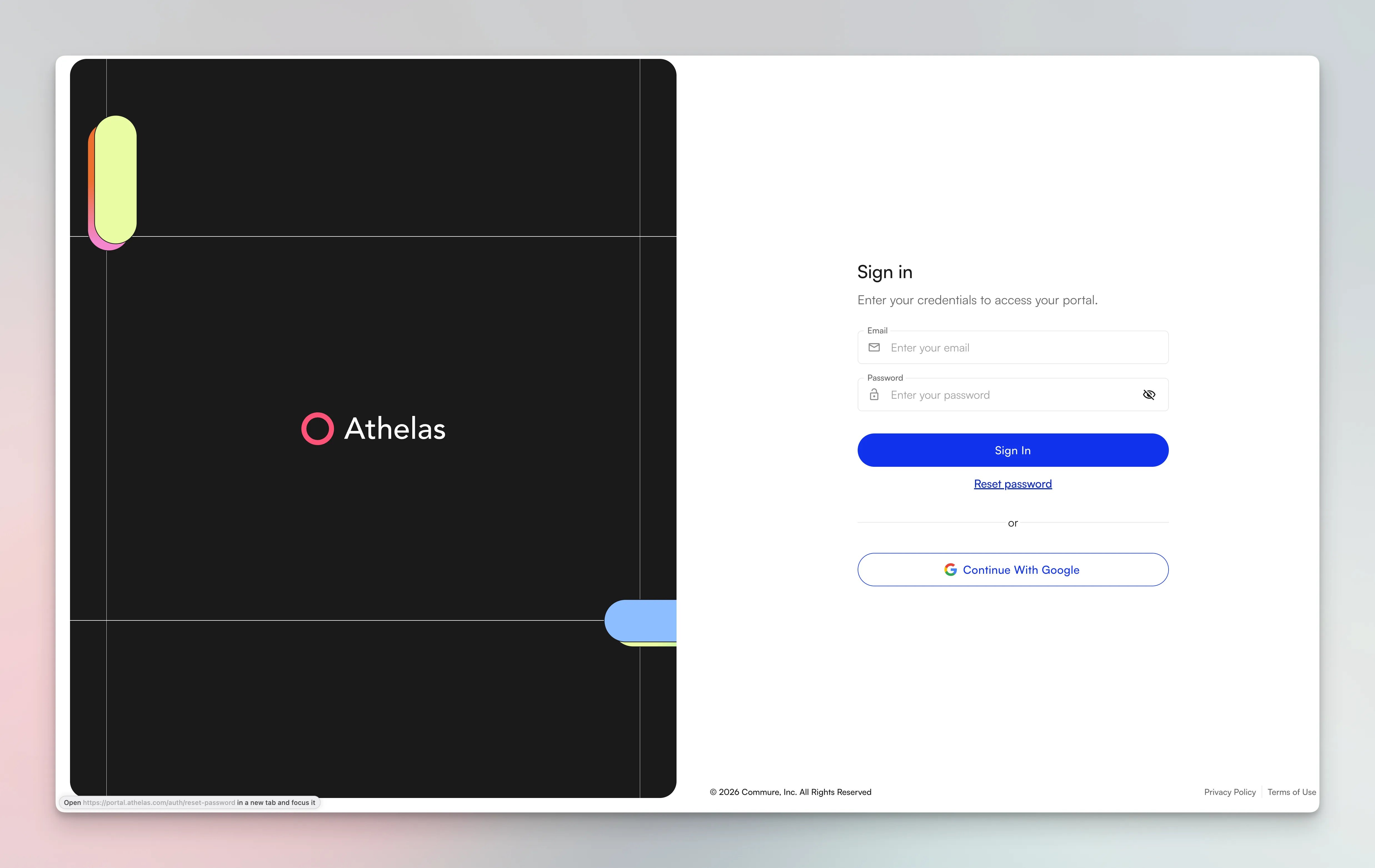 Redesigned patient portal sign-in screen with email and password fields and a Sign in with Google option