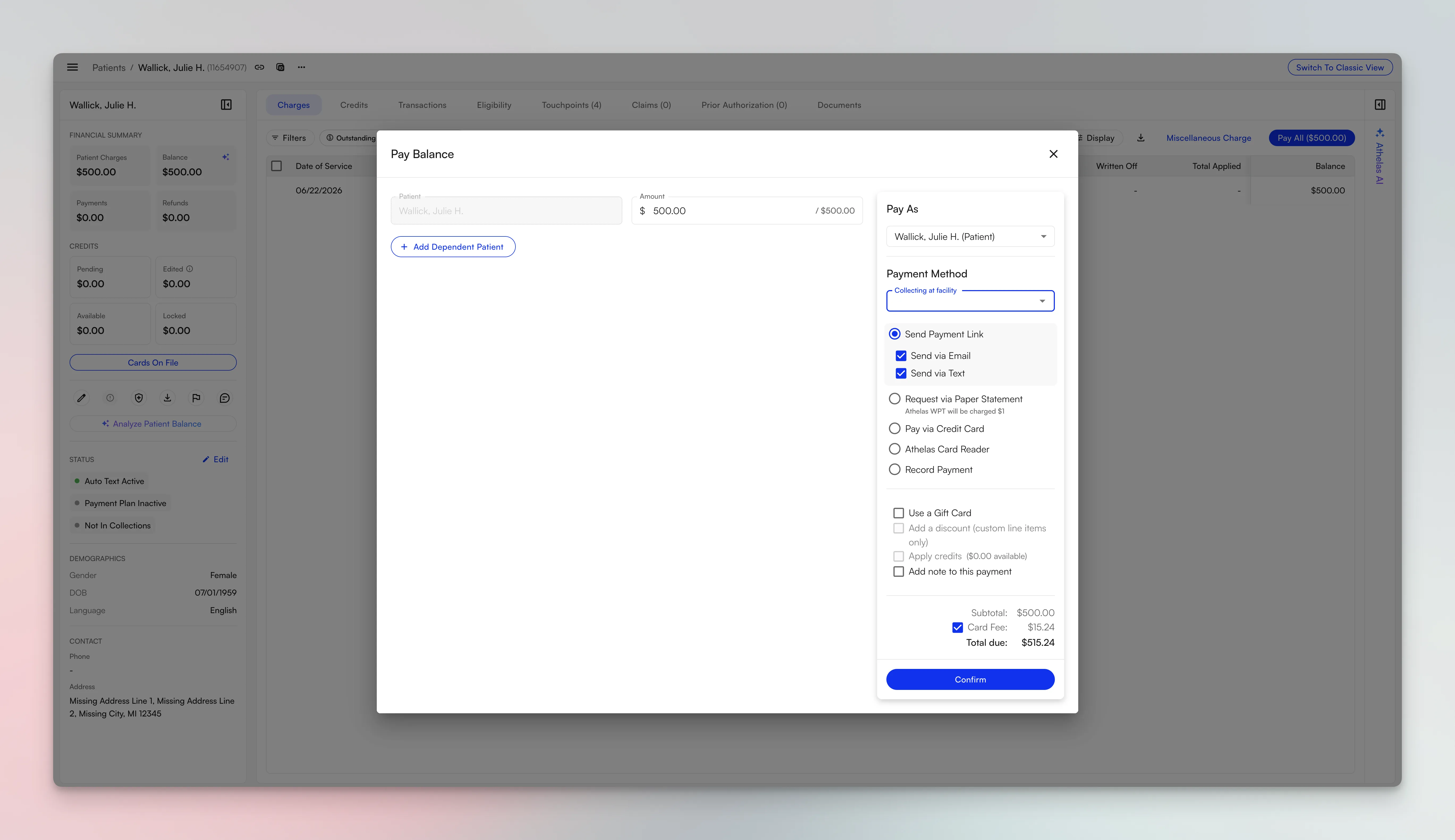 Pay Balance screen showing the Collecting at Facility payment method dropdown
