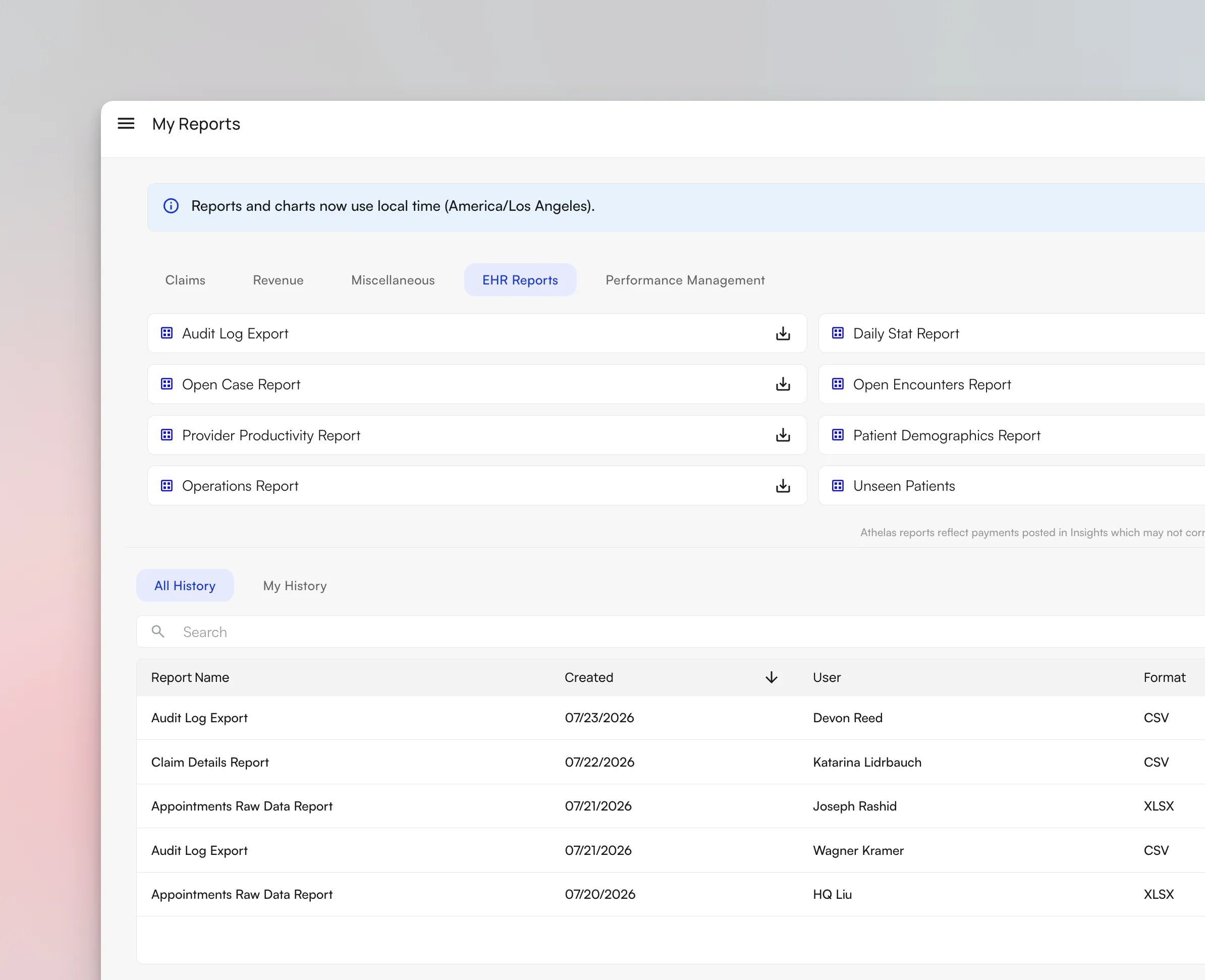 My Reports page showing the Audit Log Export report alongside other EHR Reports