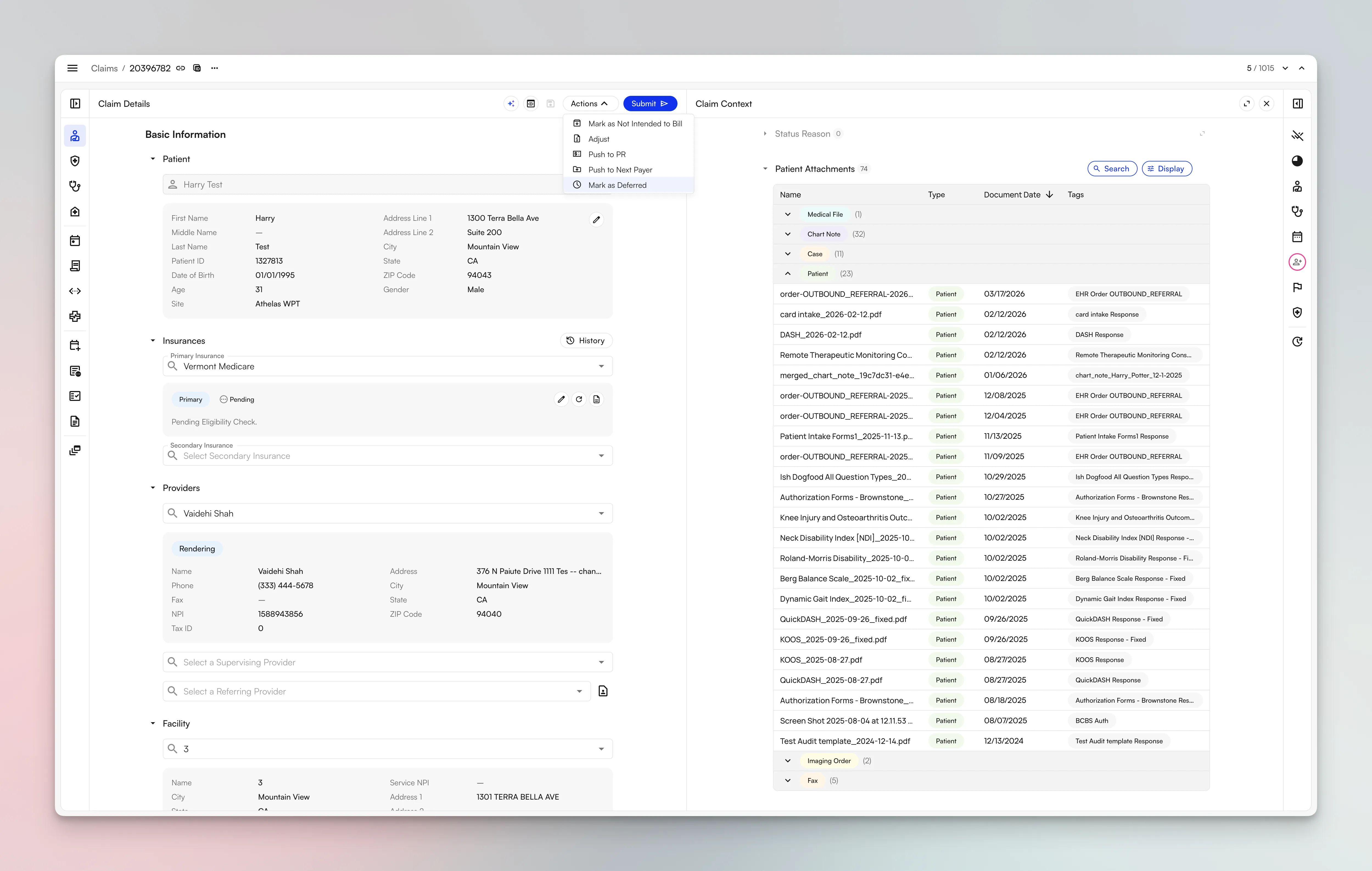Claims page showing the Defer action from the Actions menu with a reason and expiration date