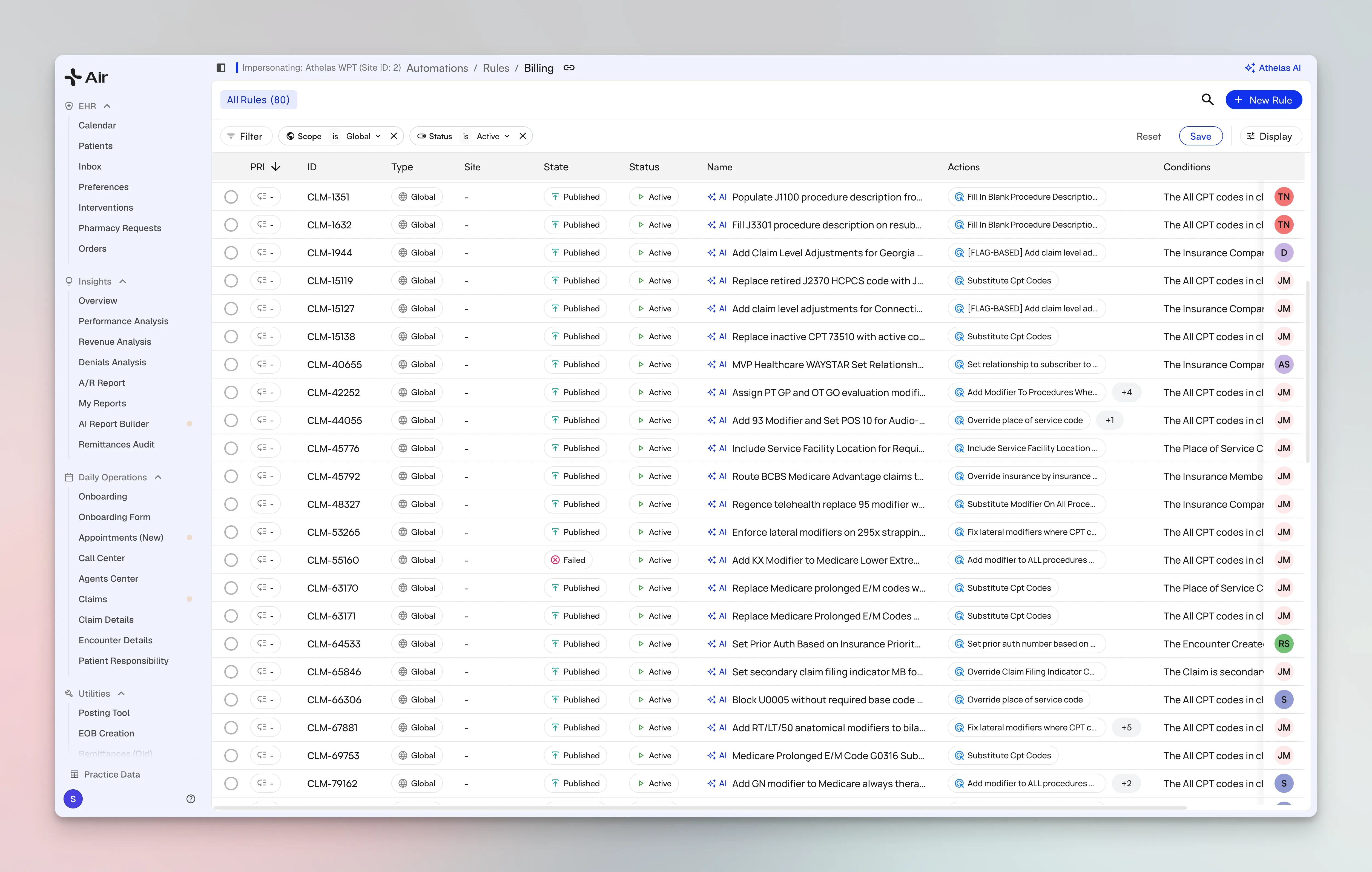 Unified Rules UI showing every billing, eligibility, and posting rule at a site organized by rule engine with plain-language summaries